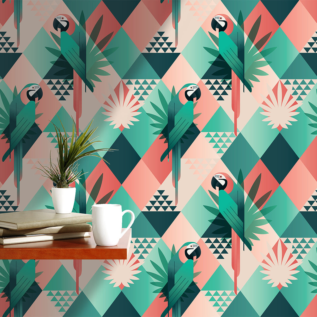 Exotic Palm Leaves & Tropical Parrots Wallpaper CC170 - Vibrant Botanical & Bird Design for Living Room, Bedroom, or Office Decor