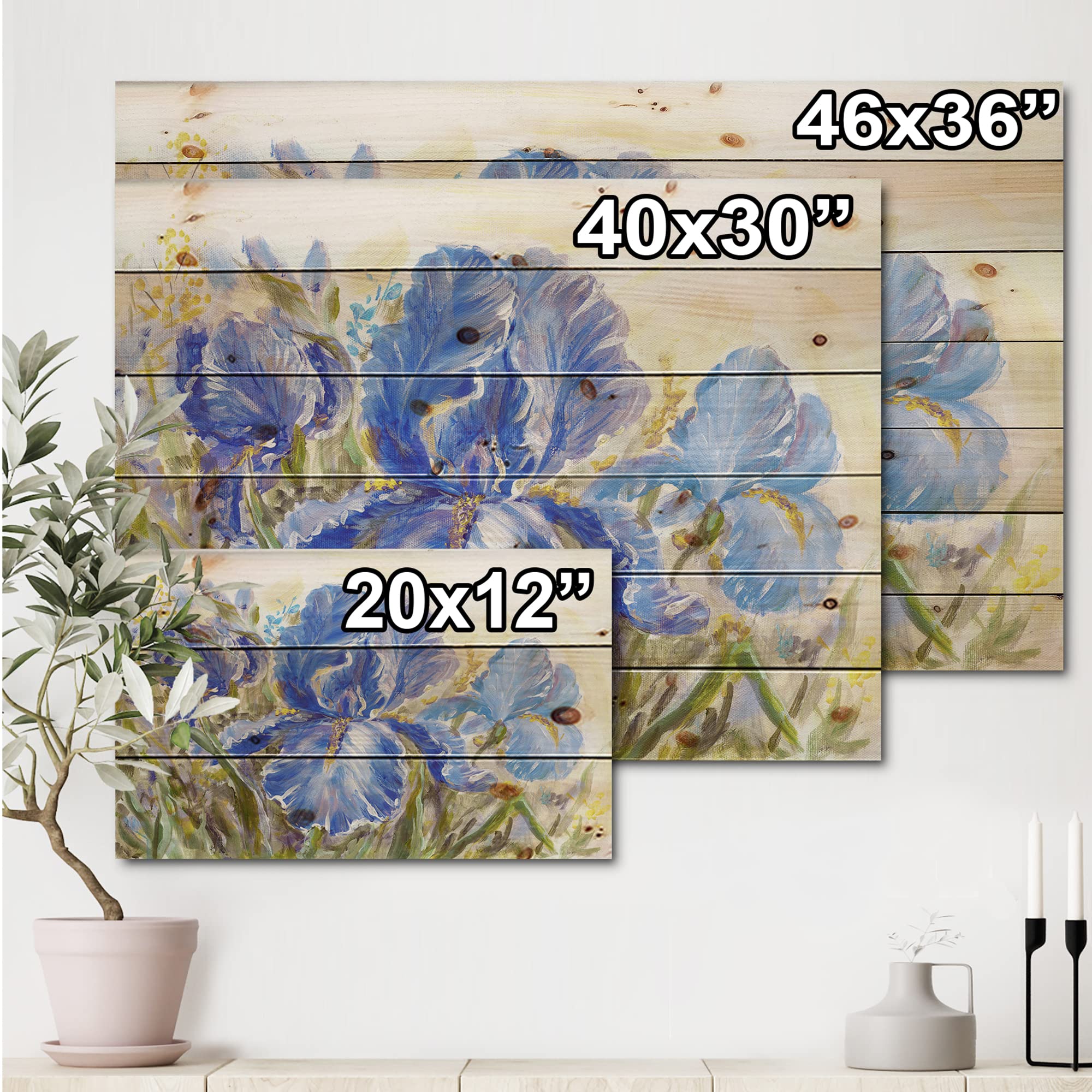 DesignQ Irises Blossoming Flowers Traditional Wood Wall Decor - Blue Floral Wood Art Panel Printed on Natural Pine - Perfect for Living Room, Bedroom & Office Wall Decoration