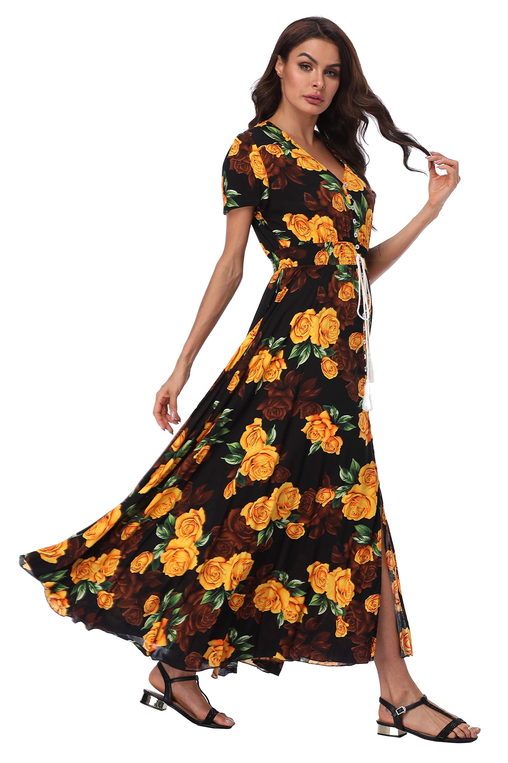 Boho Floral Maxi Dress for Women - Summer Button Up Beach Dress with Side Slit & Flowy Design | Perfect for Beach Parties, Vacations & Outdoor Events