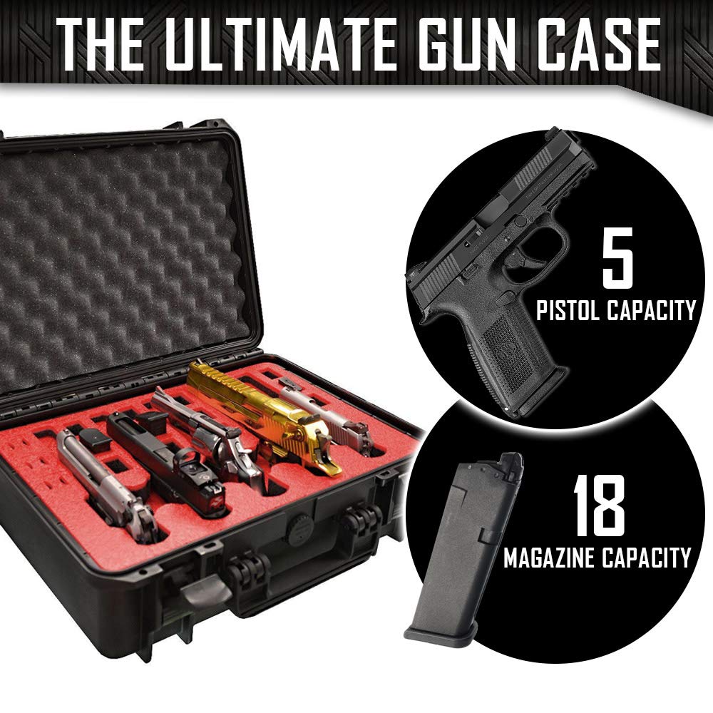 5 Pistol 18 Magazine Heavy Duty Tactical Gun Case with Custom Foam Insert - Waterproof Firearms & Ammo Storage (18x14x7 Inches) - Perfect for Range, Hunting & Secure Transport