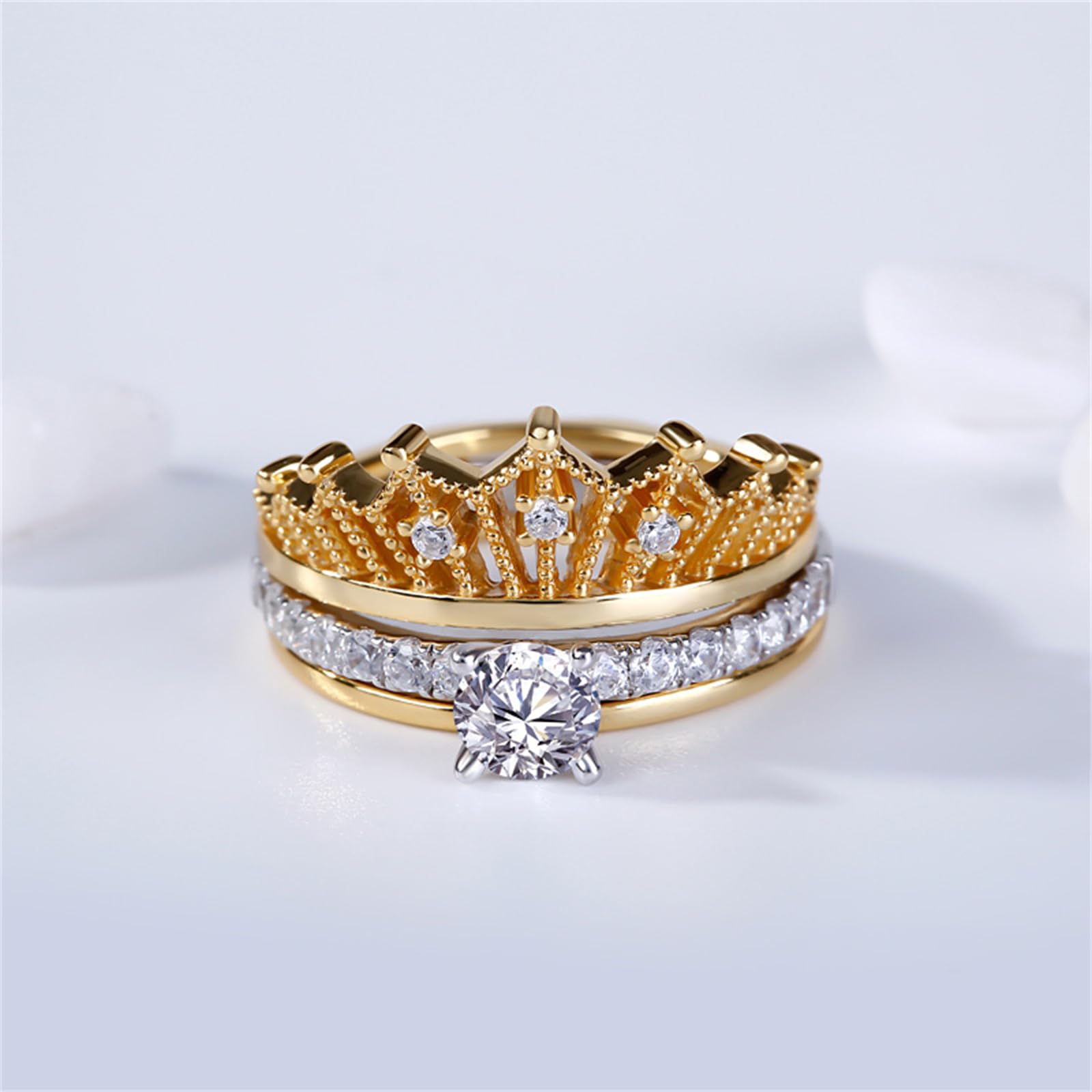 Jeulia 2 Carat Crown 925 Sterling Silver Ring for Women - Two Tone Gold Plated Wedding Band Set with Round Cut Cubic Zirconia - Engagement, Anniversary, Promise Ring - Perfect for Bridal Jewelry, Gift Giving & Special Occasions