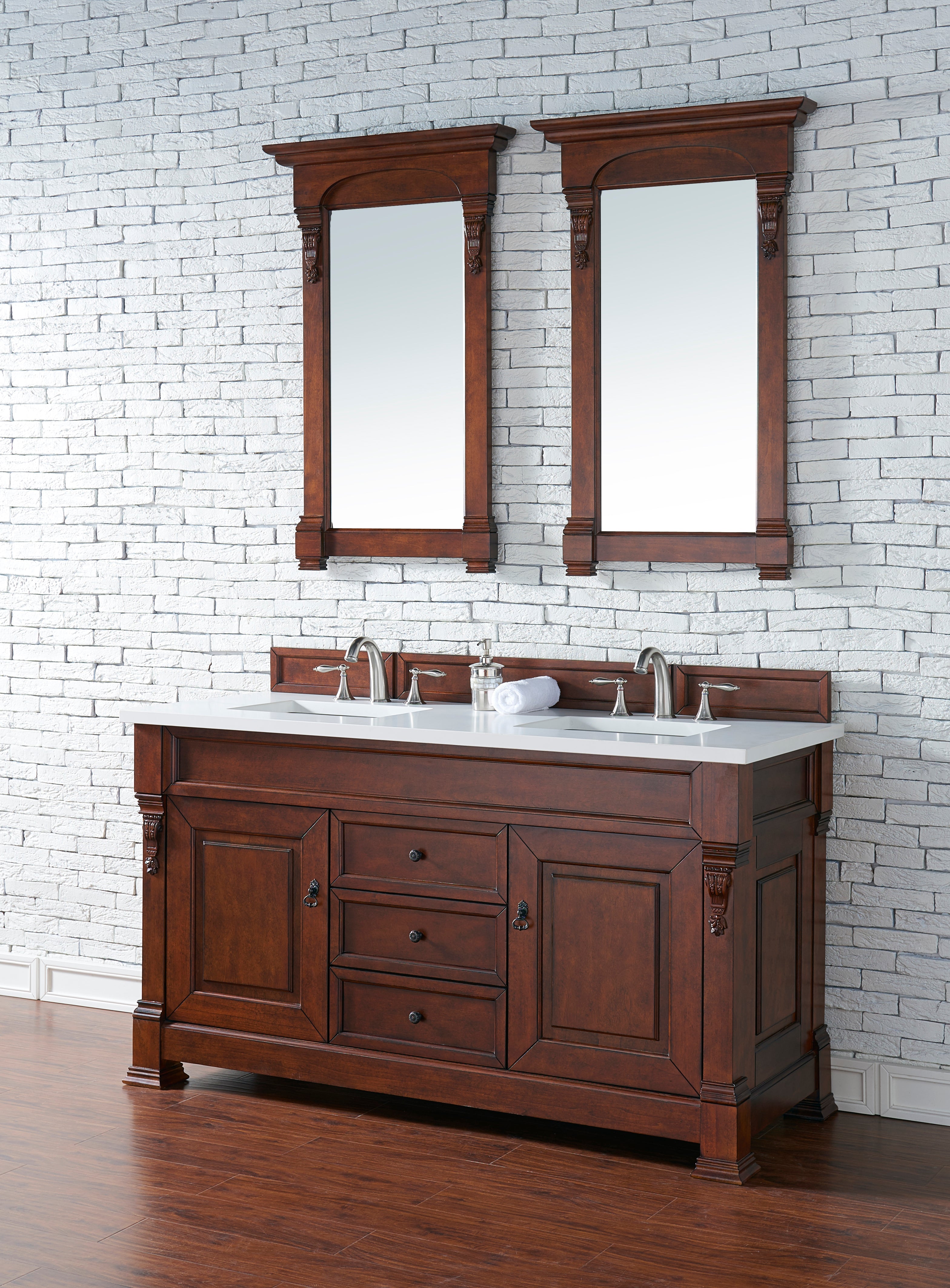 Brookfield 60-Inch Double Vanity with Warm Cherry Finish & 3CM White Zeus Quartz Countertop - Perfect for Master Bathroom & Luxury Home Renovation