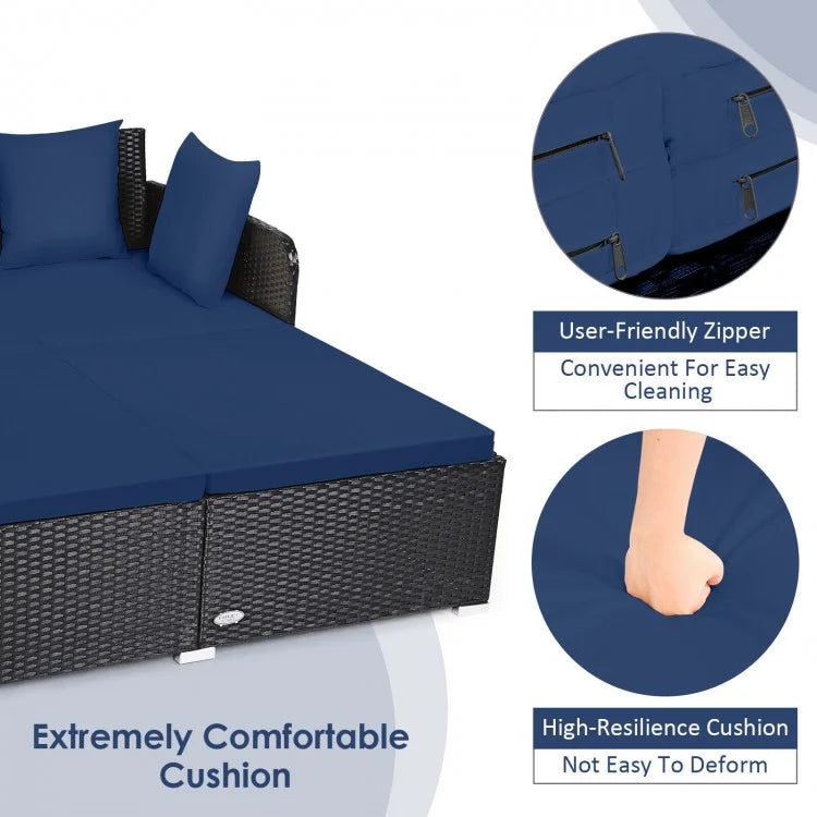 Premium Outdoor Rattan Daybed with Comfortable Upholstered Cushions & Navy Pillows - Perfect for Patio, Poolside, or Garden Relaxation
