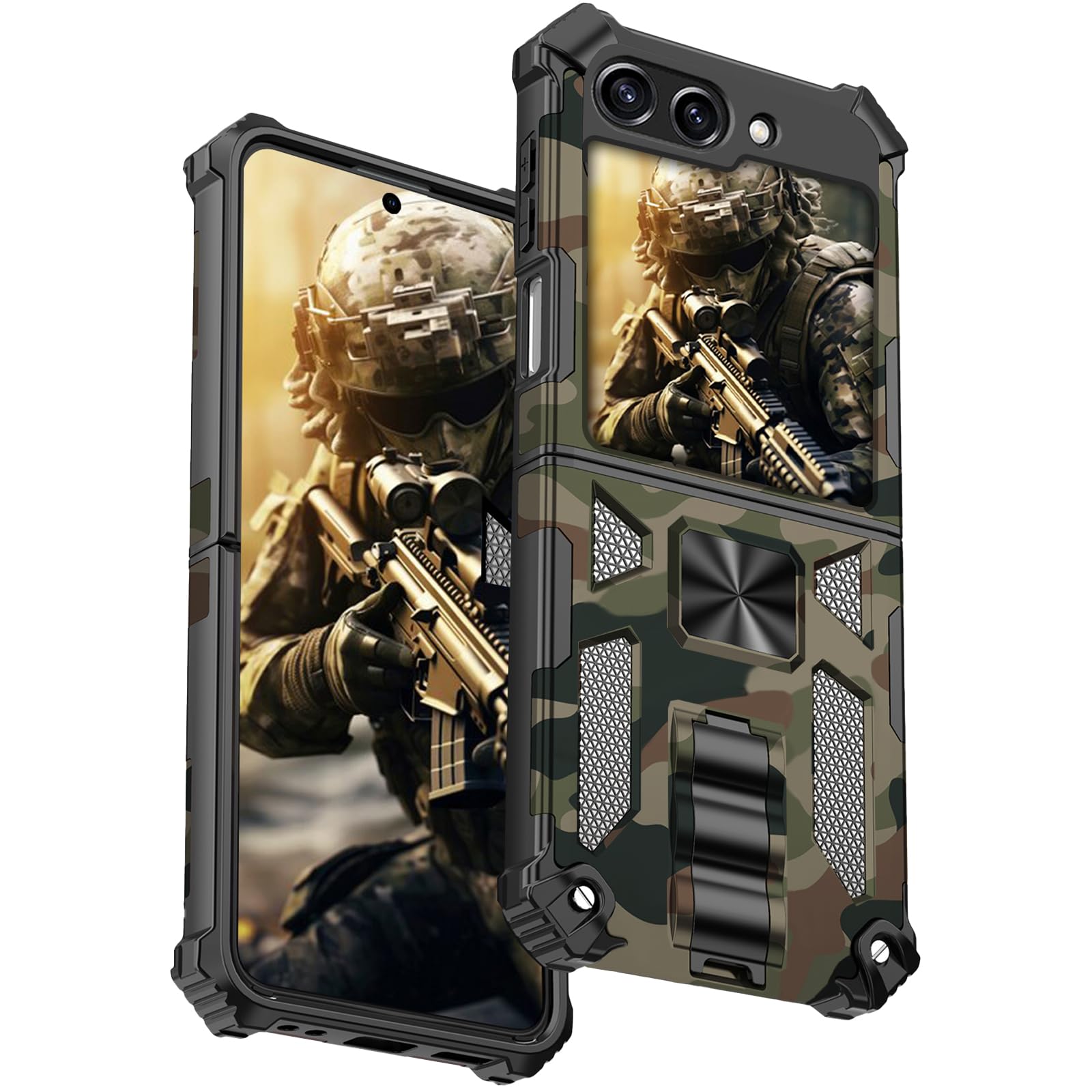 Shockproof Samsung Z Flip6 Case with Kickstand - Army Green Camo for Outdoor & Travel