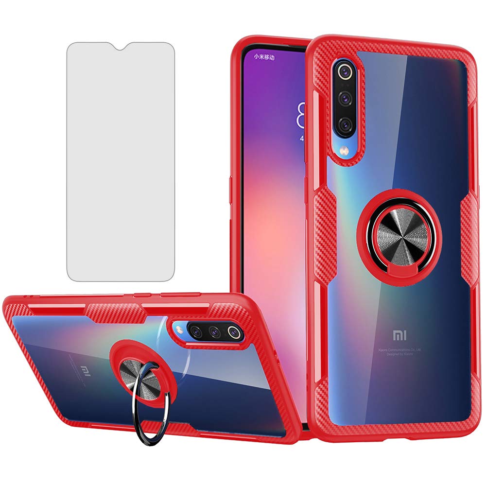 Xiaomi 9 Phone Case with Tempered Glass Screen Protector - Slim Hard Clear Cover & Magnetic Stand Ring Holder - Durable Protective Case for Xiaomi Mi 9 (Red) - Perfect for Work, Travel and Everyday Use