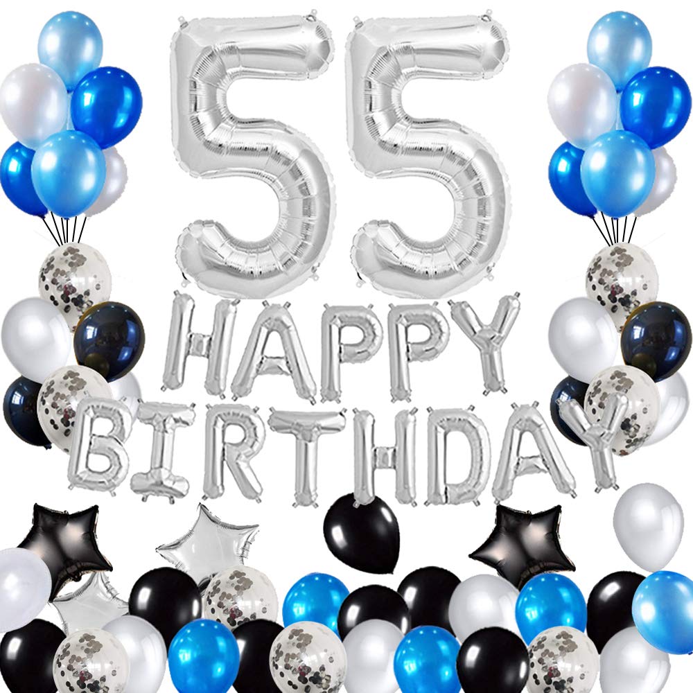 55th Birthday Party Decorations Set - Foil Happy Birthday Banner, Number 55 & Star Balloons, 47 pcs Blue & Silver Latex Balloons for Milestone Celebrations, Anniversaries & Retirement Parties