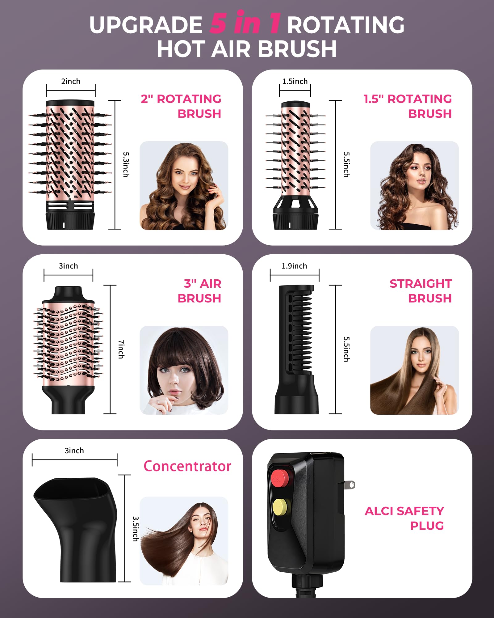5-in-1 Rotating Hair Dryer Brush with 2 Attachments - Styler for Dry, Straighten & Curl at Home