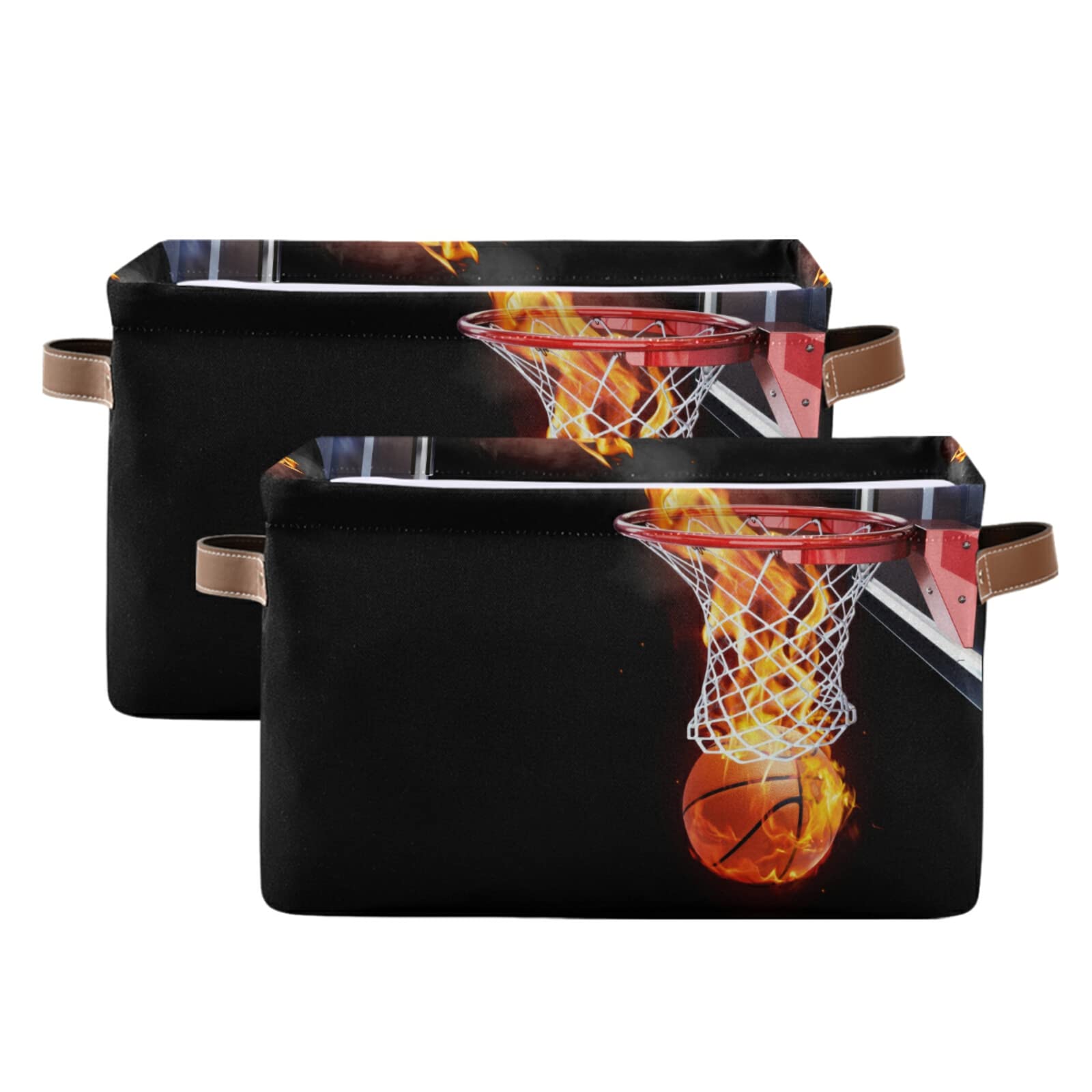 Flaming Basketball Court Net Storage Basket Bins - 2 Pack Collapsible Sport Ball Theme Decorative Organizer with Handles for Nursery, Closet, Office, Home & Bedroom - Perfect for Toy Storage, Sports Equipment Organization and Home Decor