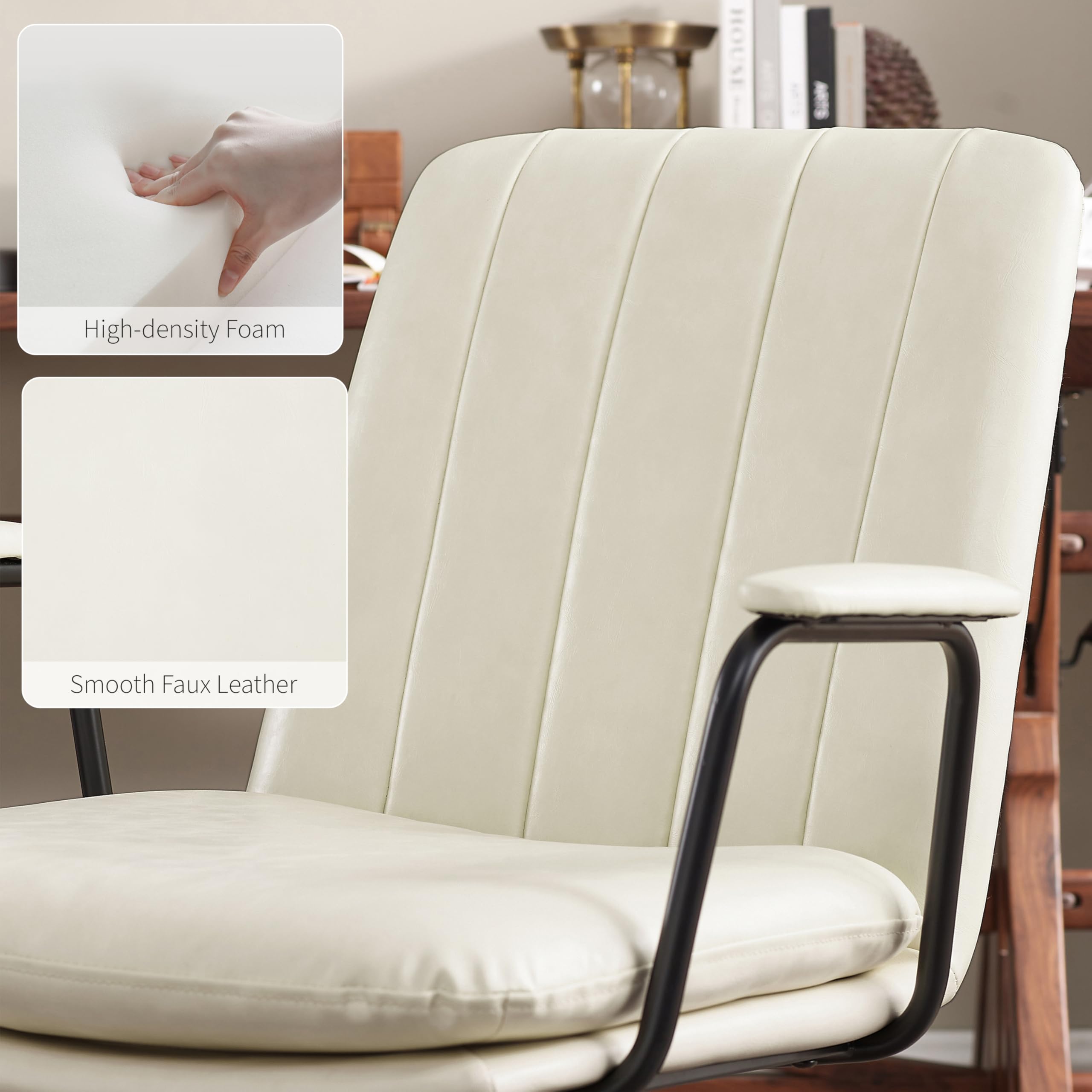 Zouron Mid Century Modern Office Chair - Ergonomic Swivel Desk Chair with PU Leather & Oak Wood Legs, Off-White (No Wheels) - Perfect for Home Office, Living Room & Workspace