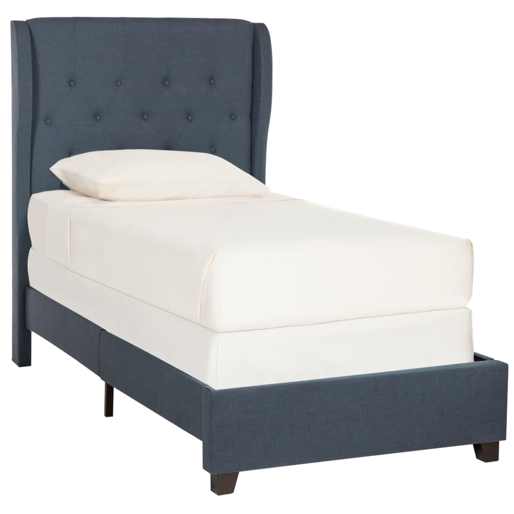 SAFAVIEH Blanchett Navy & Espresso Full Size Bed Frame - Modern Platform Bed with Upholstered Headboard - Perfect for Bedroom, Guest Room & Dorm Decor