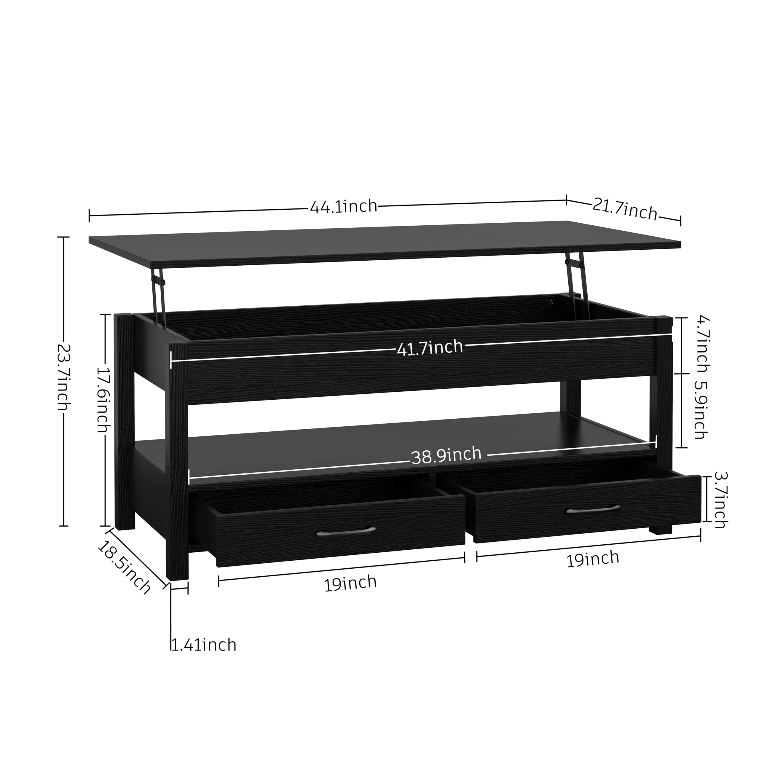 Lift Top Coffee Table with Hidden Storage - Retro Wooden Coffee Table with 2 Drawers & Open Shelf - Panana Lift-Top Living Room Table for Sofa & TV Area (Black) - Perfect for Small Spaces & Home Decor