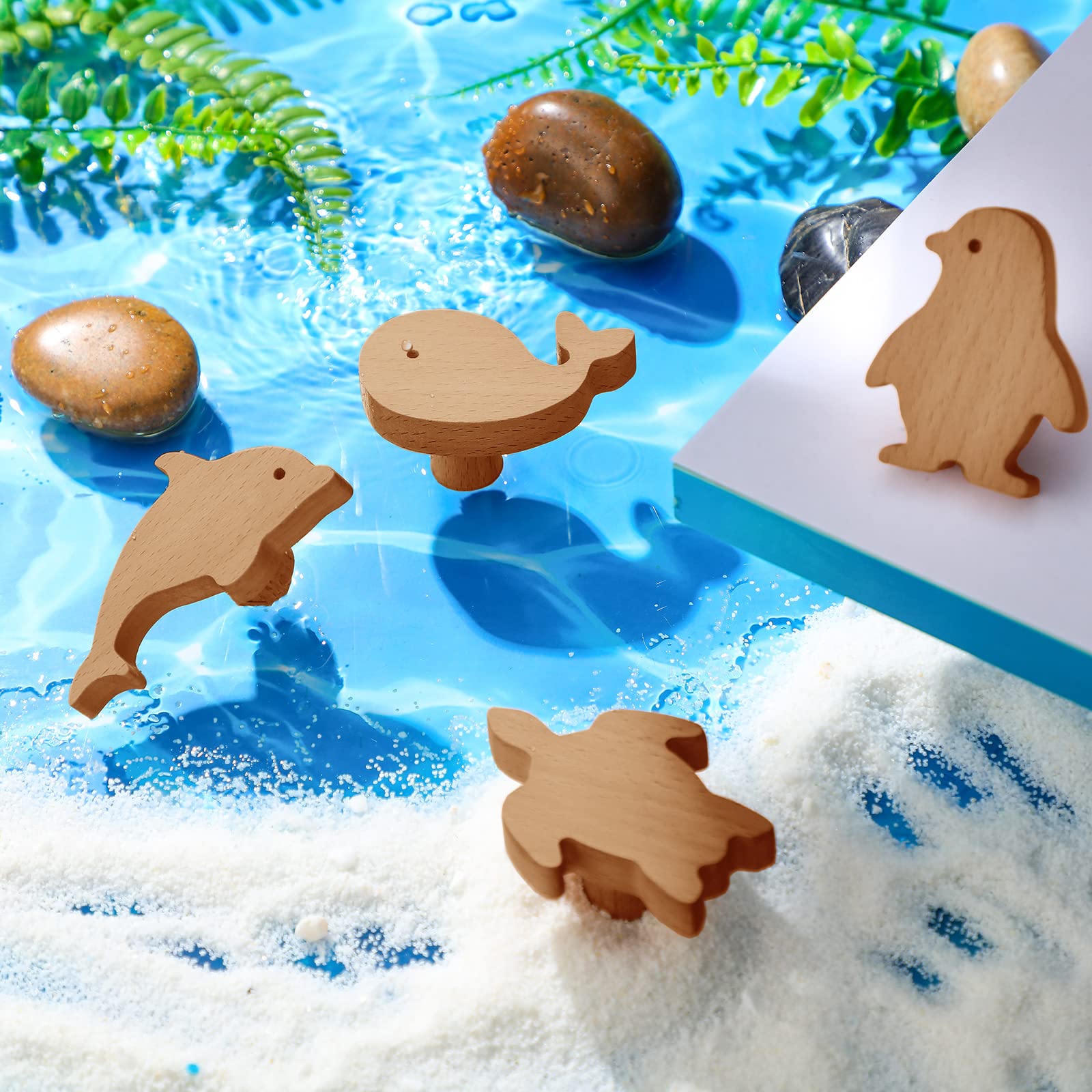 Natural Wooden Animal Cabinet Knobs - 6 Sets of Decorative Wood Dresser Pulls with Screws for Nursery, Kids Room & Home Furniture - Sea Animal Theme Handles for Dressers, Cabinets & Drawers