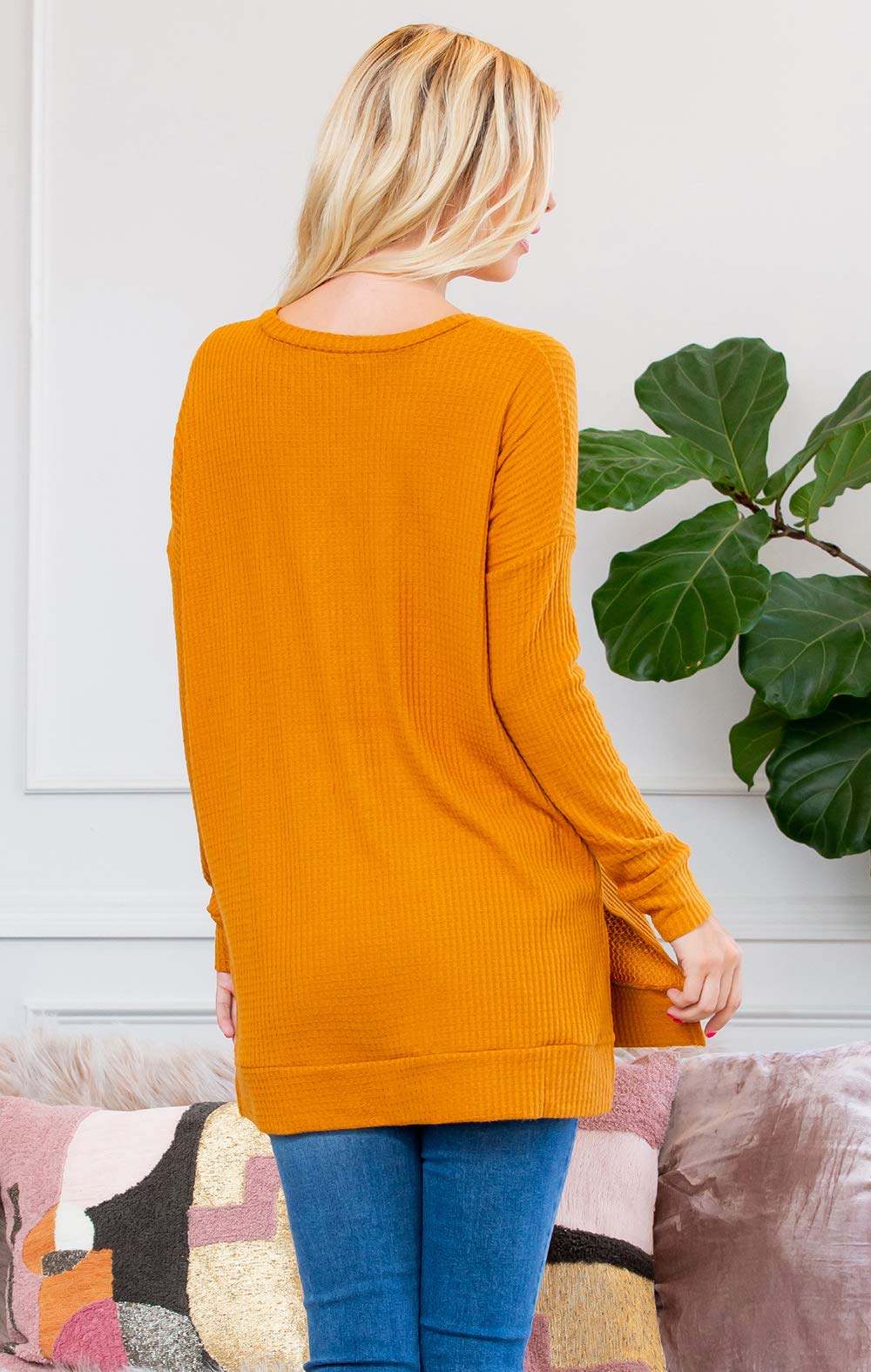 RIAH FASHION Waffle Knit Henley T-Shirt Tunic for Women - Soft Loose Fit Round Neck Long Sleeve Top | Casual Outfit, Layering Essential, Fall Winter Fashion