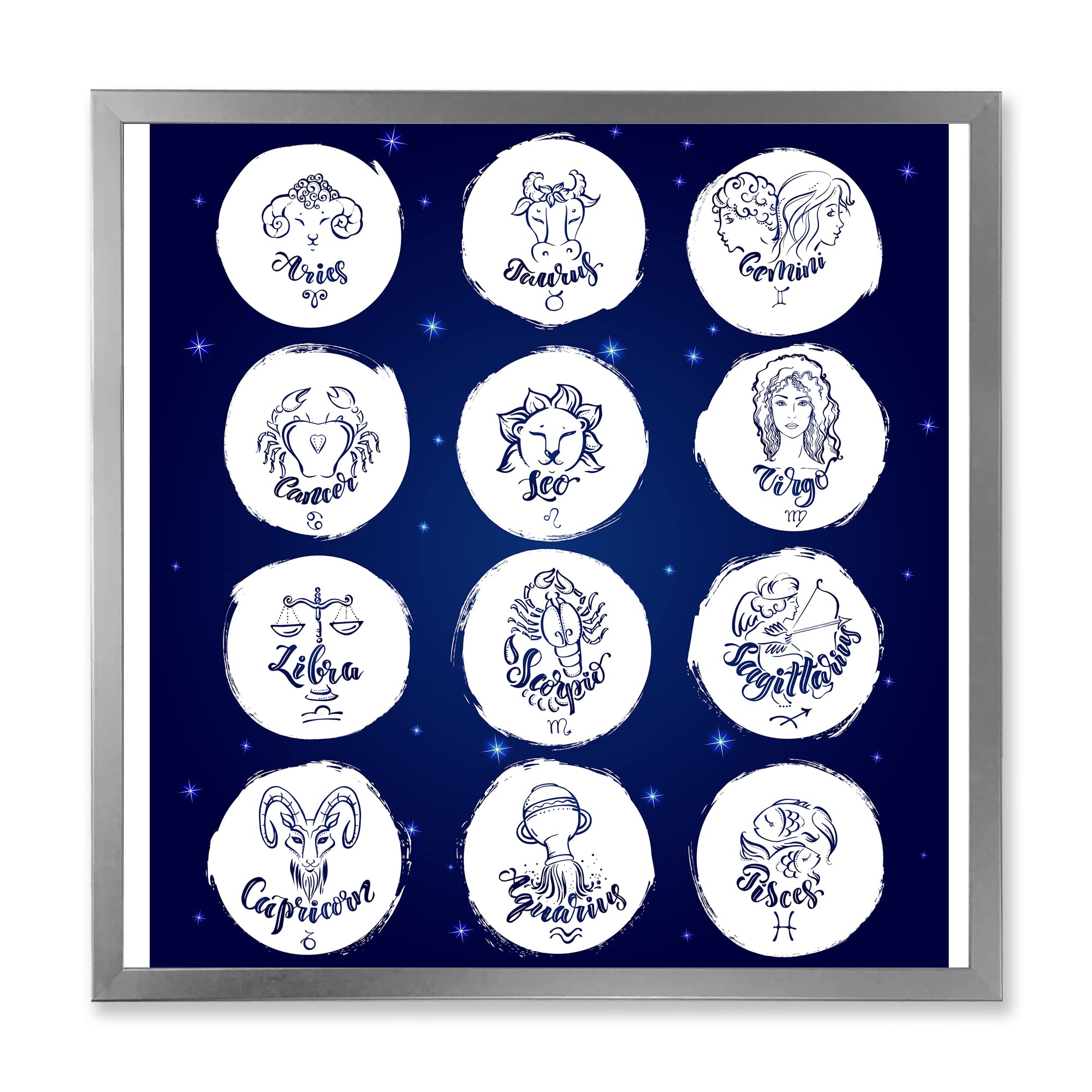 DesignQ Zodiac Signs Blue Modern Framed Wall Art - Perfect for Home Decor, Office & Gift Giving
