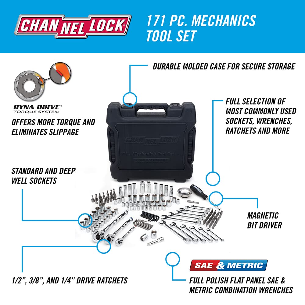 Channellock 171-Piece Professional Mechanics Tool Set (39053) - Complete Automotive & Home Repair Kit for DIY, Mechanics, and Handymen