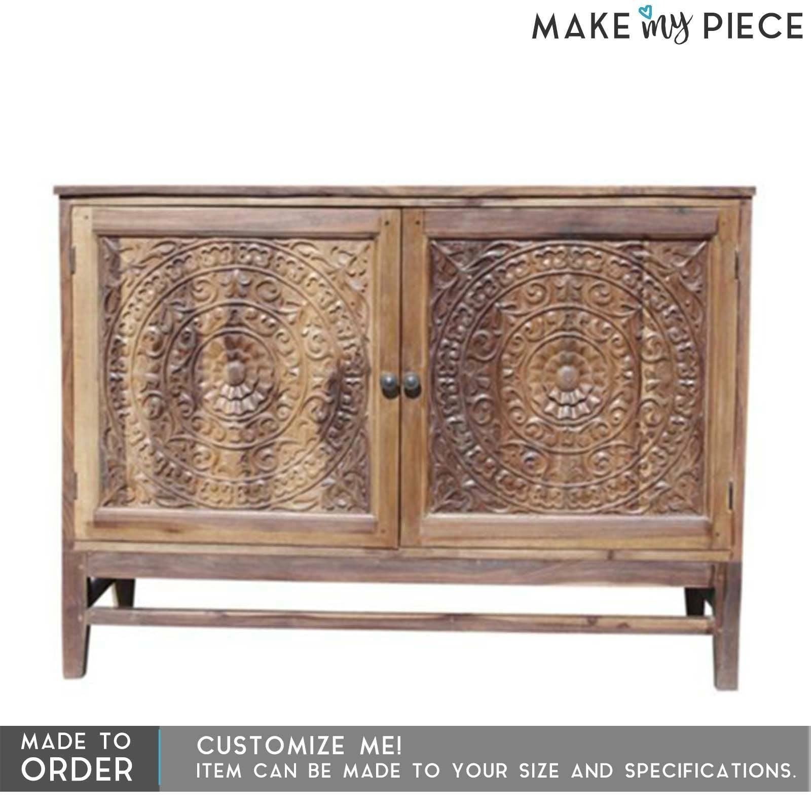 Hand Carved Solid Wood Sideboard with Natural Finish - Rustic Entryway Buffet for Dining Room & Living Room Storage