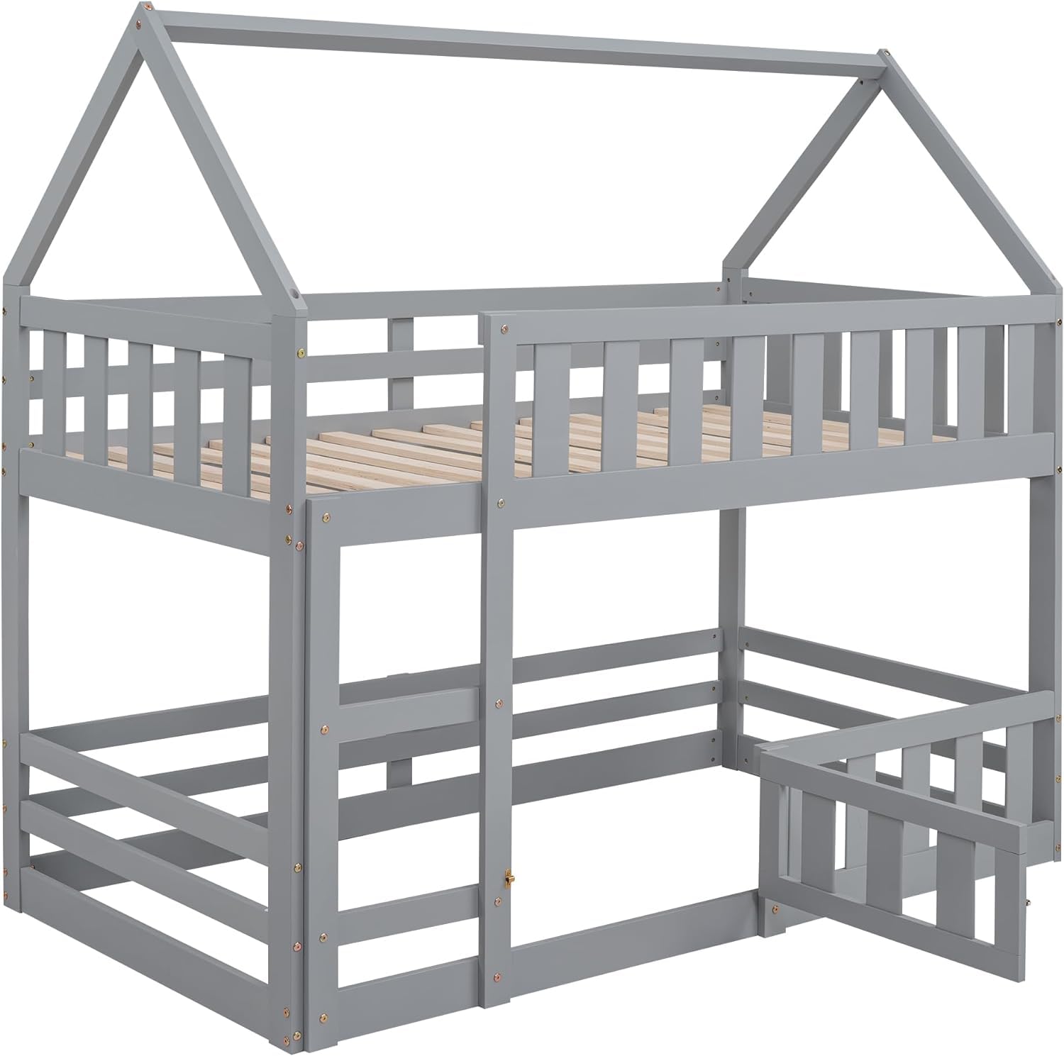 MERITLINE Twin Over Twin Wooden Bunk Bed with Safety Fence & Door, Loft Bed with Roof for Kids - Easy Assembly, Grey - Perfect for Small Bedrooms, Kids' Dormitories & Space-Saving Home Decor