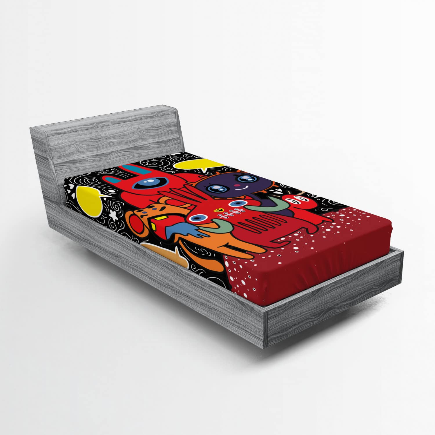 Ambesonne Indie Fitted Sheet - Monster City Theme with Funny Characters, Speech Bubbles & Floral Swirls - Twin Size Deep Pocket Bed Cover - Perfect for Kids' Rooms, Dorm Decor & Themed Bedrooms