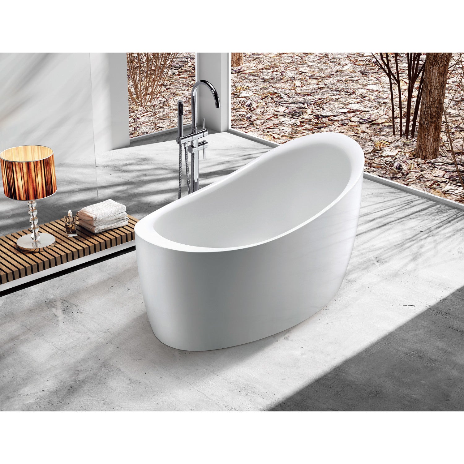 Aqua Eden 52 Inch Acrylic Oval Freestanding Bathtub with Drain & Built-in Seat - Glossy White Slipper Tub for Luxurious Bathroom Relaxation | Perfect for Spa-Like Experience at Home