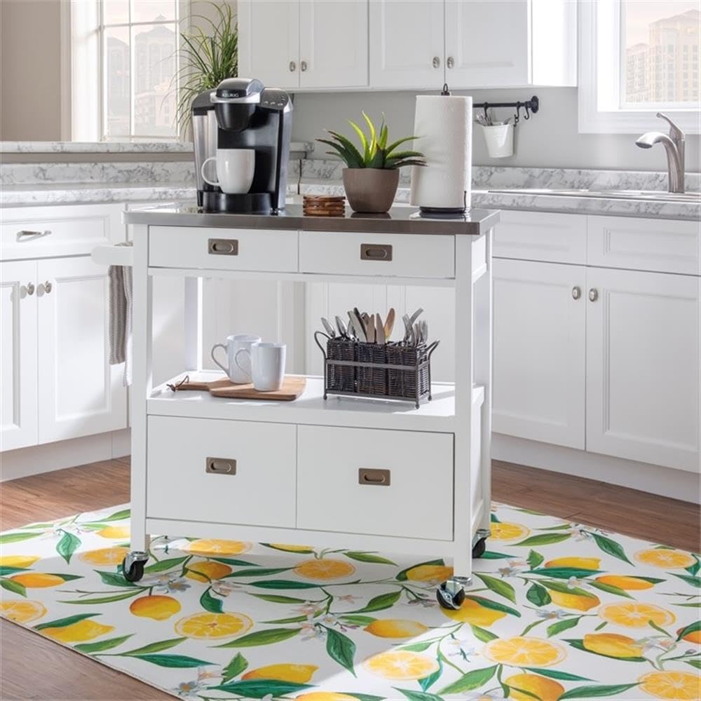 Glossy White Transitional Wood Kitchen Cart - Rolling Island with Storage for Small Spaces, Perfect for Dining & Food Prep