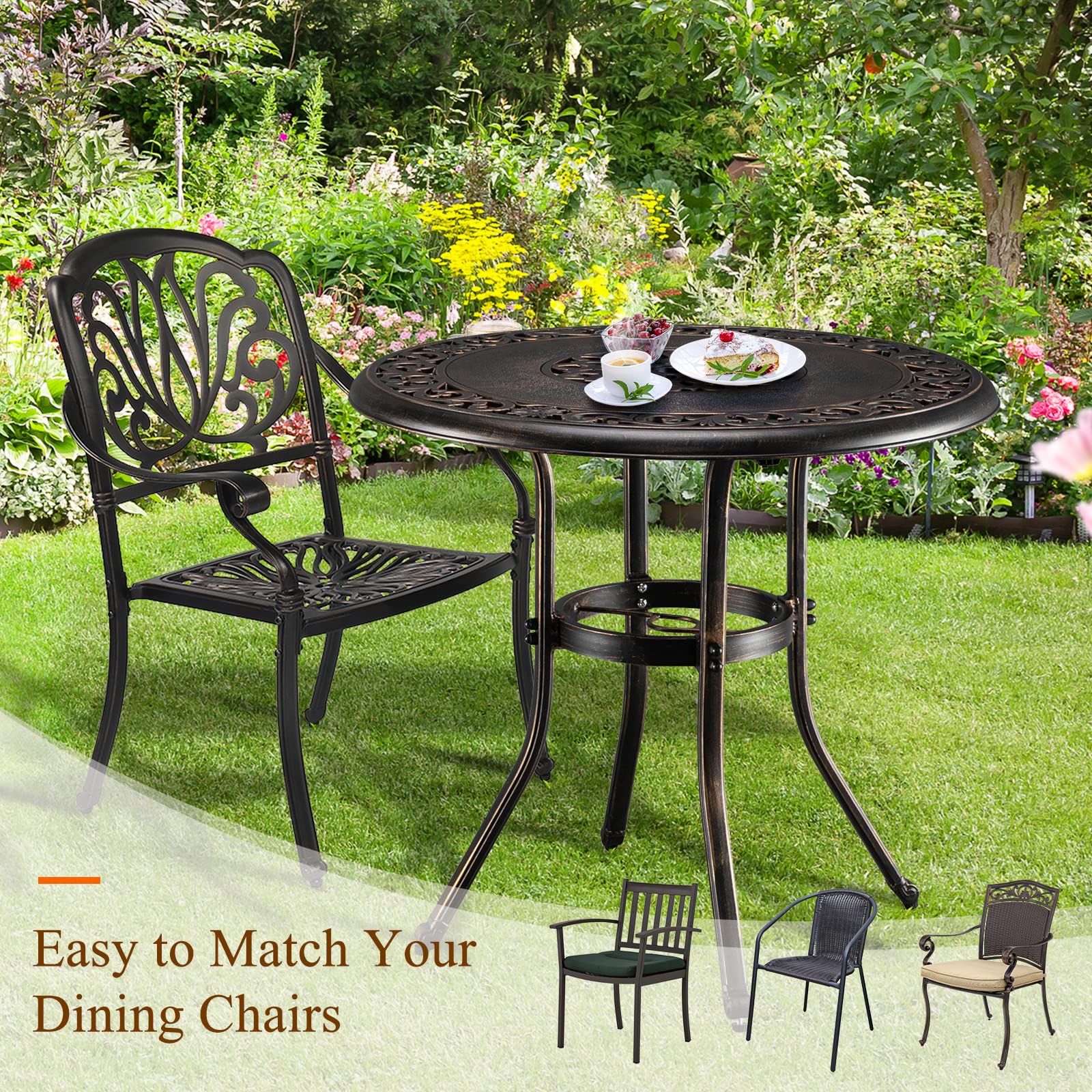 VINGLI 32 Inch Round Outdoor Dining Table with Umbrella Hole - Durable Cast Aluminum Patio Bistro Table for Garden, Backyard, Poolside - Weather-Resistant Bronze Finish (32