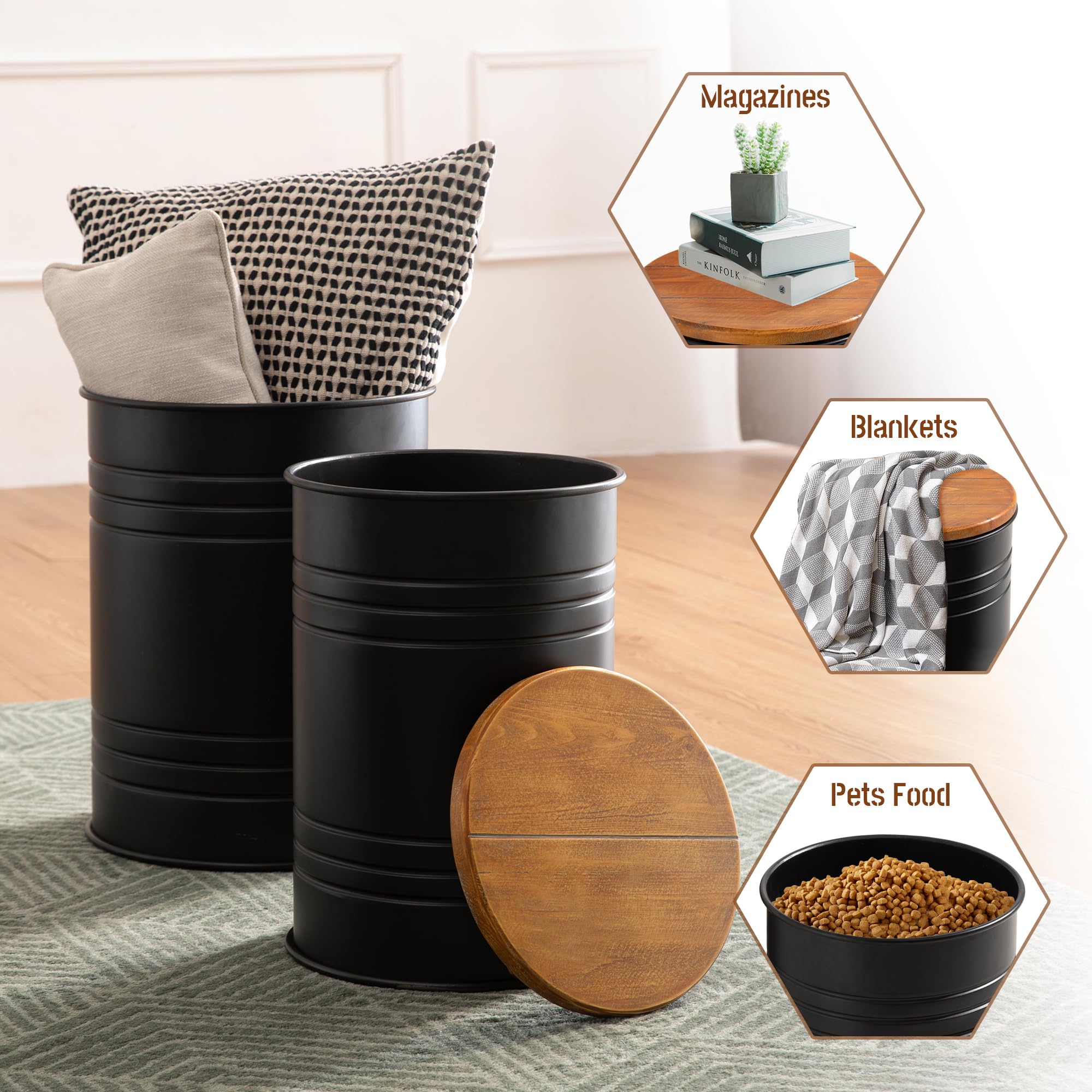 Glitzhome 4-Piece Galvanized Metal Side Table Set with Wood Lids - Rustic Farmhouse Barrel Toy Storage Bins & Ottoman Stool - Large Storage Space for Living Room, Bedroom, Office, Nursery - Black (Perfect for Home Decor, Organization & Extra Seating)