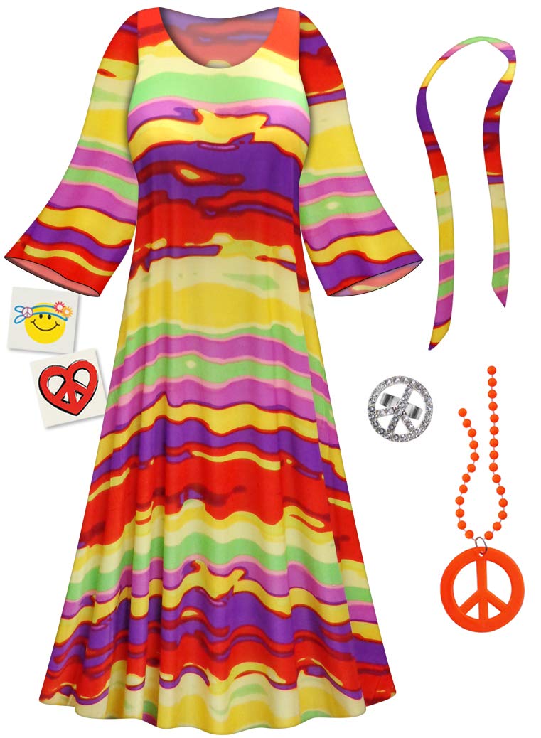 Red Sunset Hippie Dress Plus Size - Bohemian Halloween Costume & Accessory Set for Women | Perfect for Music Festivals, Themed Parties & Vintage Outfits
