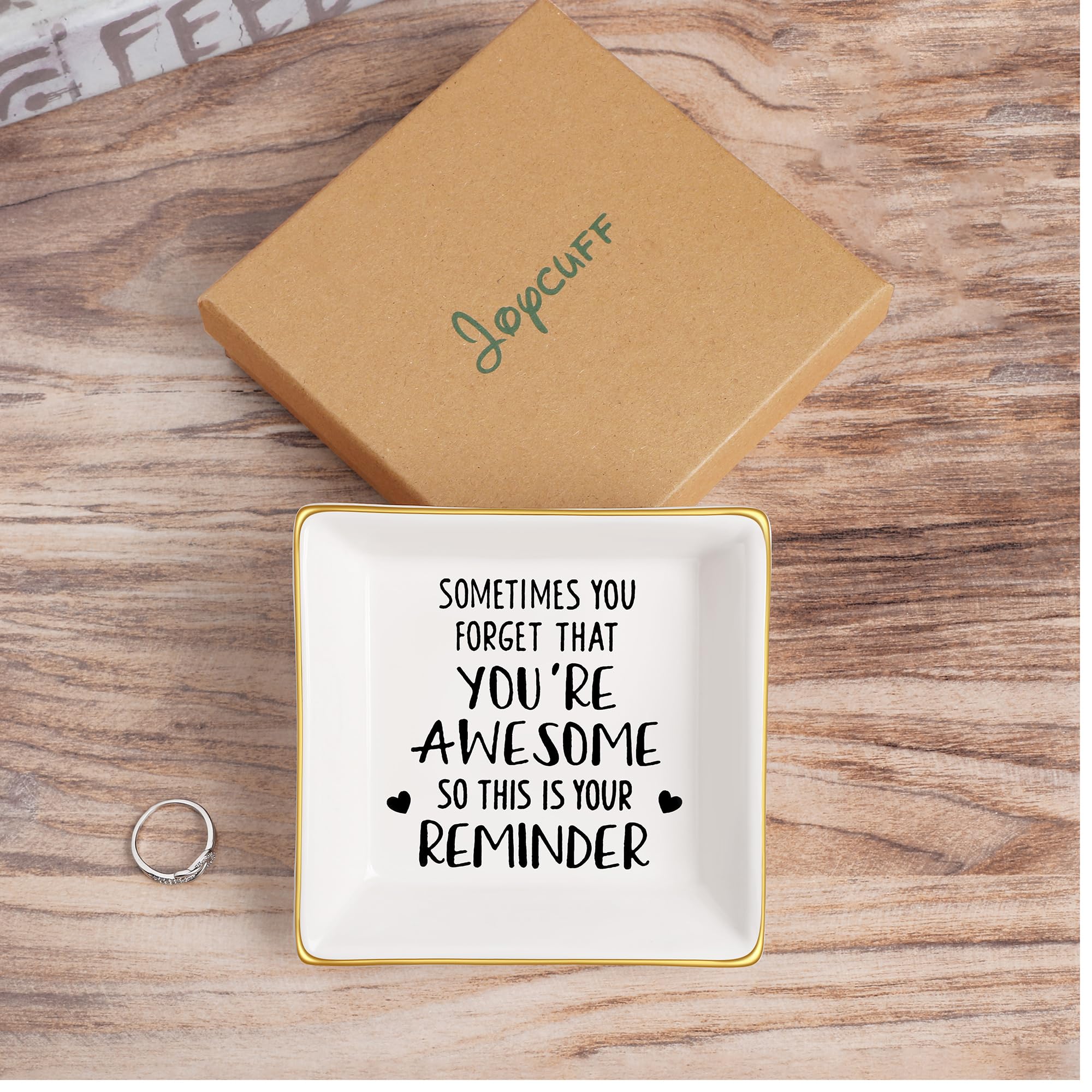 JoycuFF Inspirational Jewelry Dish for Women - White Ceramic Ring Holder, Modern Jewelry Organizer for Birthday & Christmas Gifts - Perfect for Vanity, Dresser & Nightstand Decor