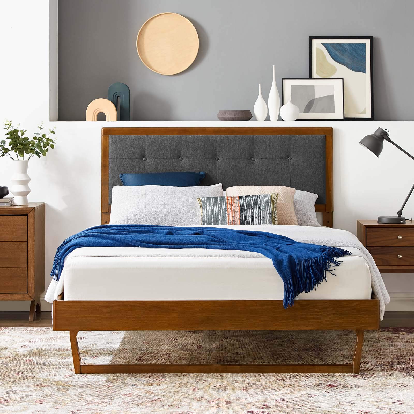 Modway MOD-6634-WAL-CHA Full Wood Platform Bed with Angular Frame in Walnut Charcoal - Modern Solid Wood Bed Frame for Master Bedroom, Guest Room & Small Spaces