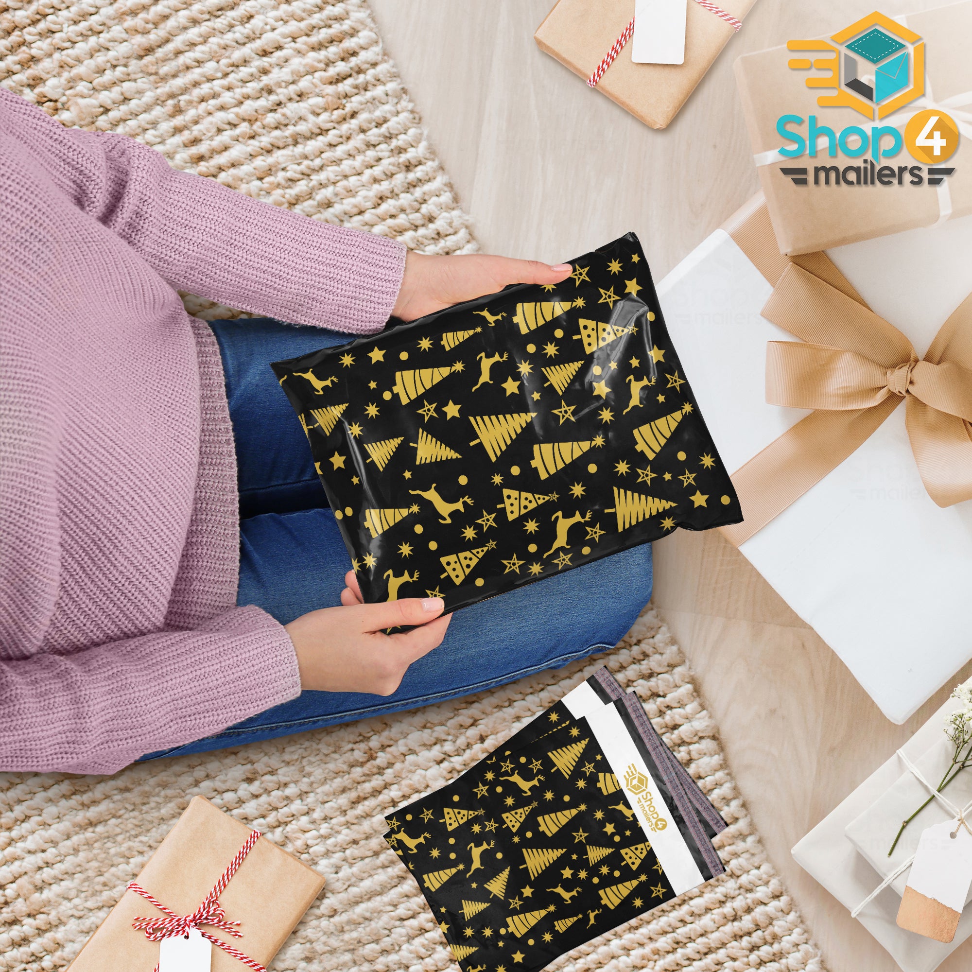 Shop4Mailers 10x13 Christmas Tree Black & Gold Holiday Poly Mailer Envelopes 2 Mil - Perfect for Holiday Shipping, Gift Bags & Festive Packaging