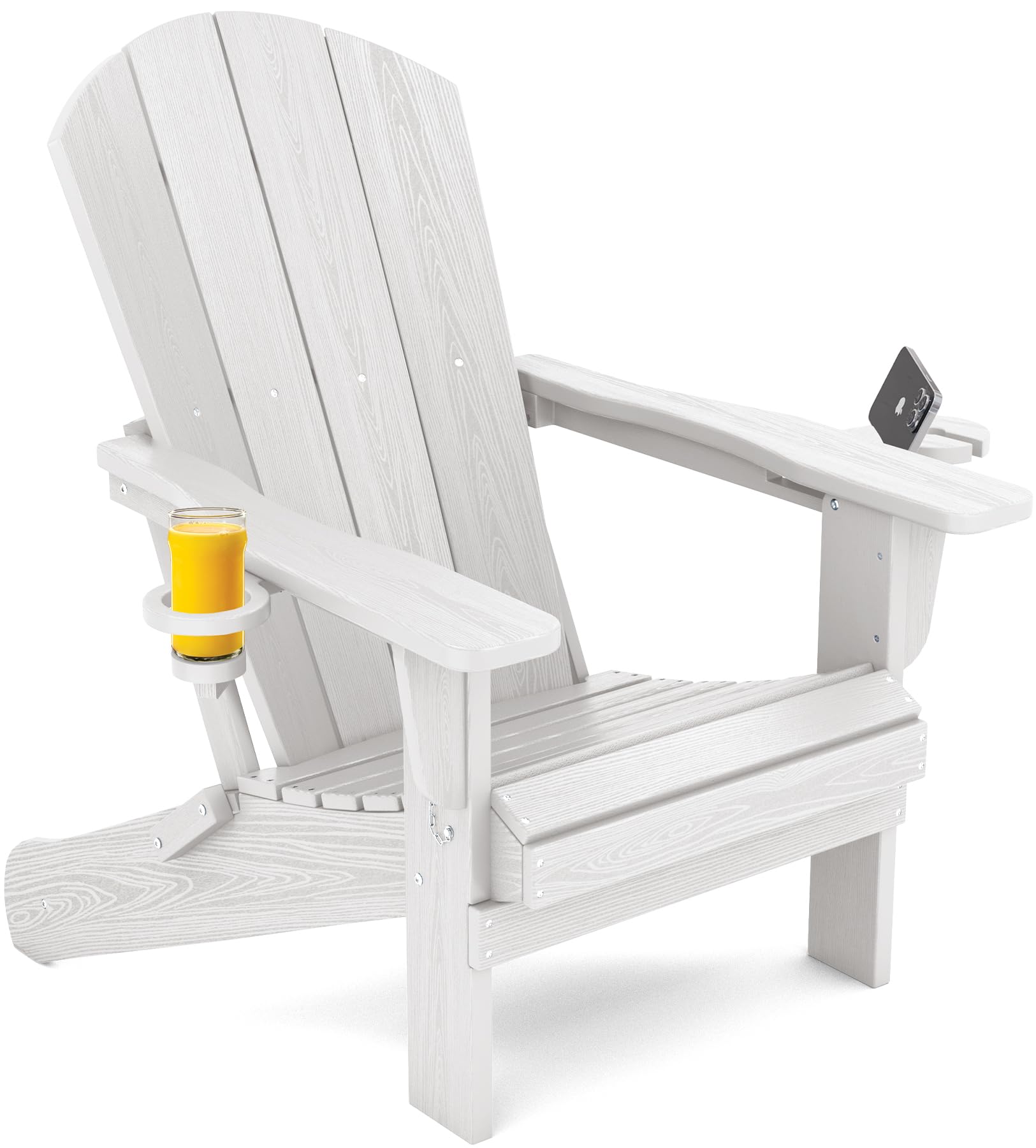 Premium SERWALL Adirondack Chair with Cup Holders - Durable HDPE Composite Outdoor Patio Furniture - All-Weather Resistant White Lounge Chair for Backyard, Poolside & Garden Relaxation