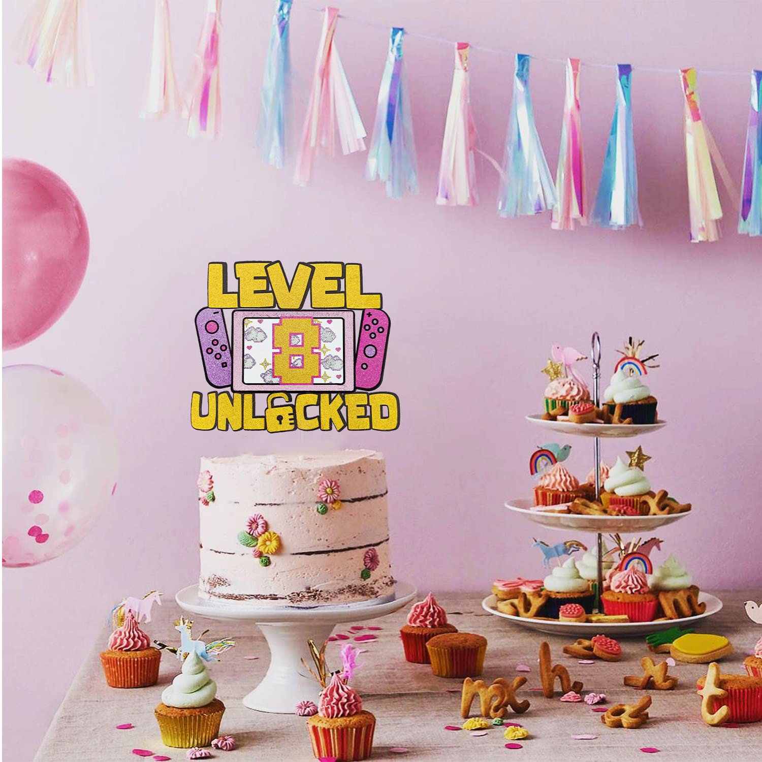 Girls Level 8 Unlocked Cake Topper - Glitter Gaming Birthday Decor for 8th Birthday Party | Video Game Theme Party Supplies | Perfect for Girl Gamer Celebration, Cake Decorations & Gaming Party Favors