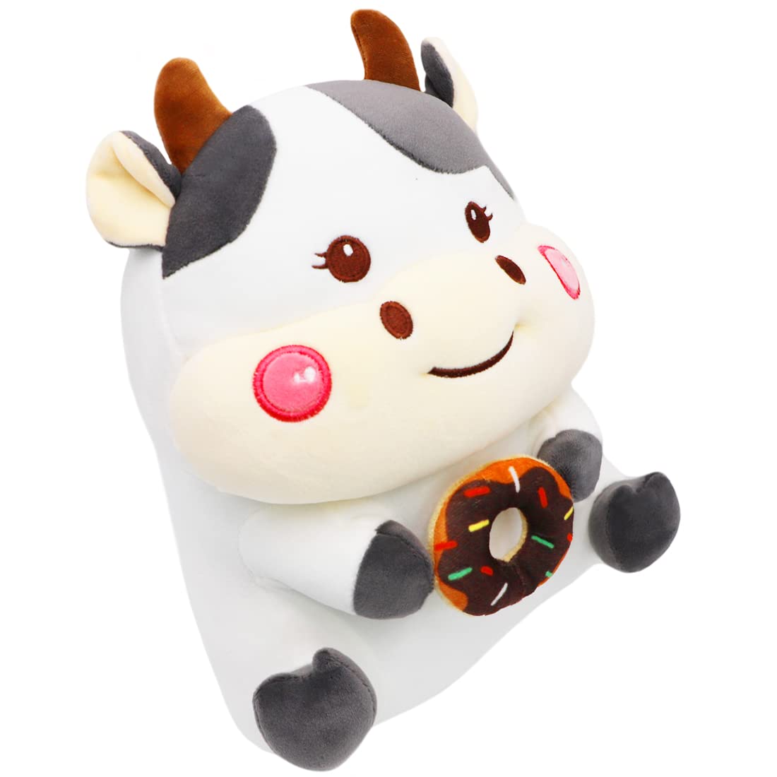 ELAINREN Donut Cow Plush Toy - Soft Cute Black & White Holstein Dairy Cow Stuffed Animal with Donut (11.8
