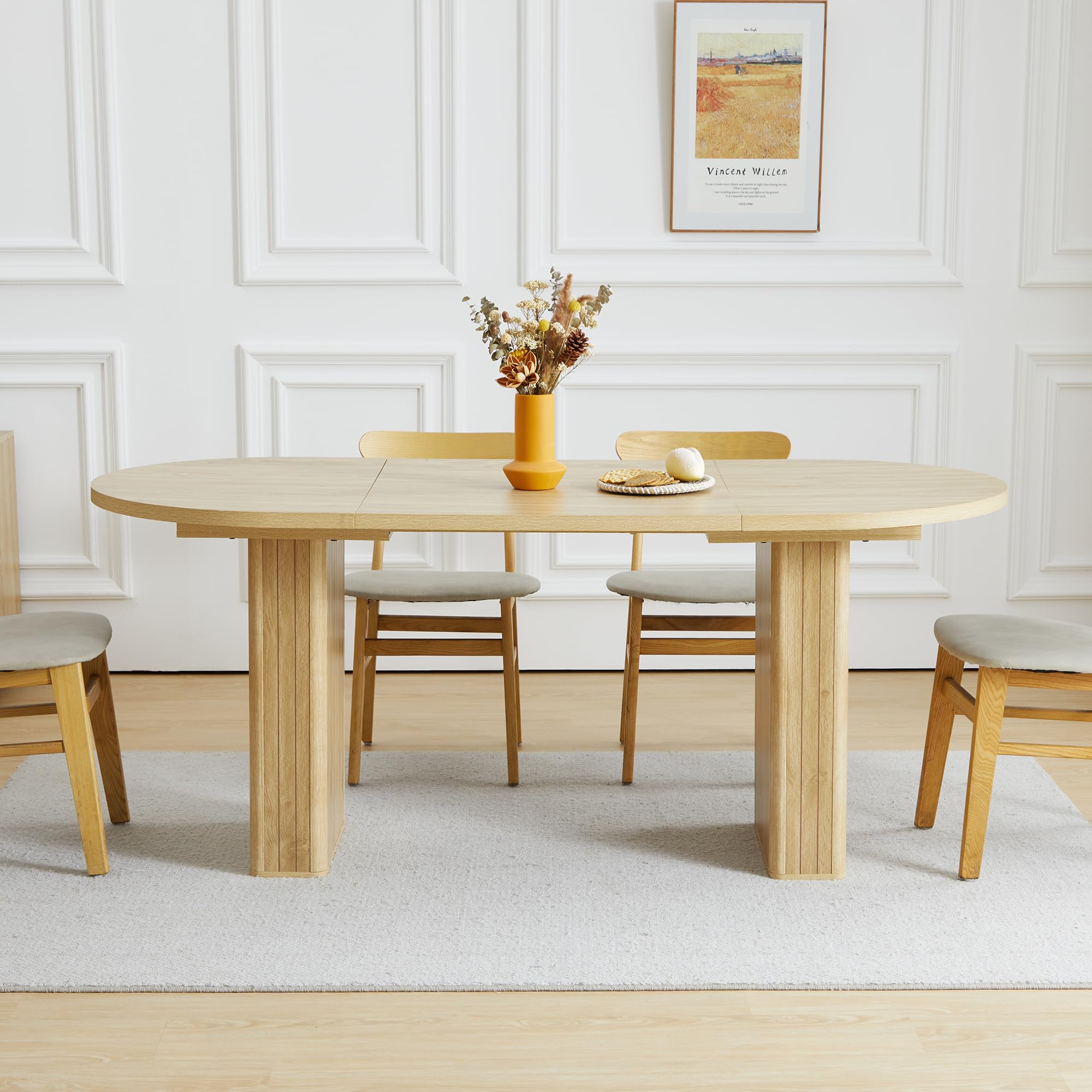 70.8 Inch Oval Dining Table for 4-6 People, Modern Farmhouse Kitchen Table with Wood Strip Base, Large Round Dining Room Table for Kitchen & Living Room - Natural Wood Finish | Perfect for Family Gatherings, Dinner Parties & Small Space Dining Areas