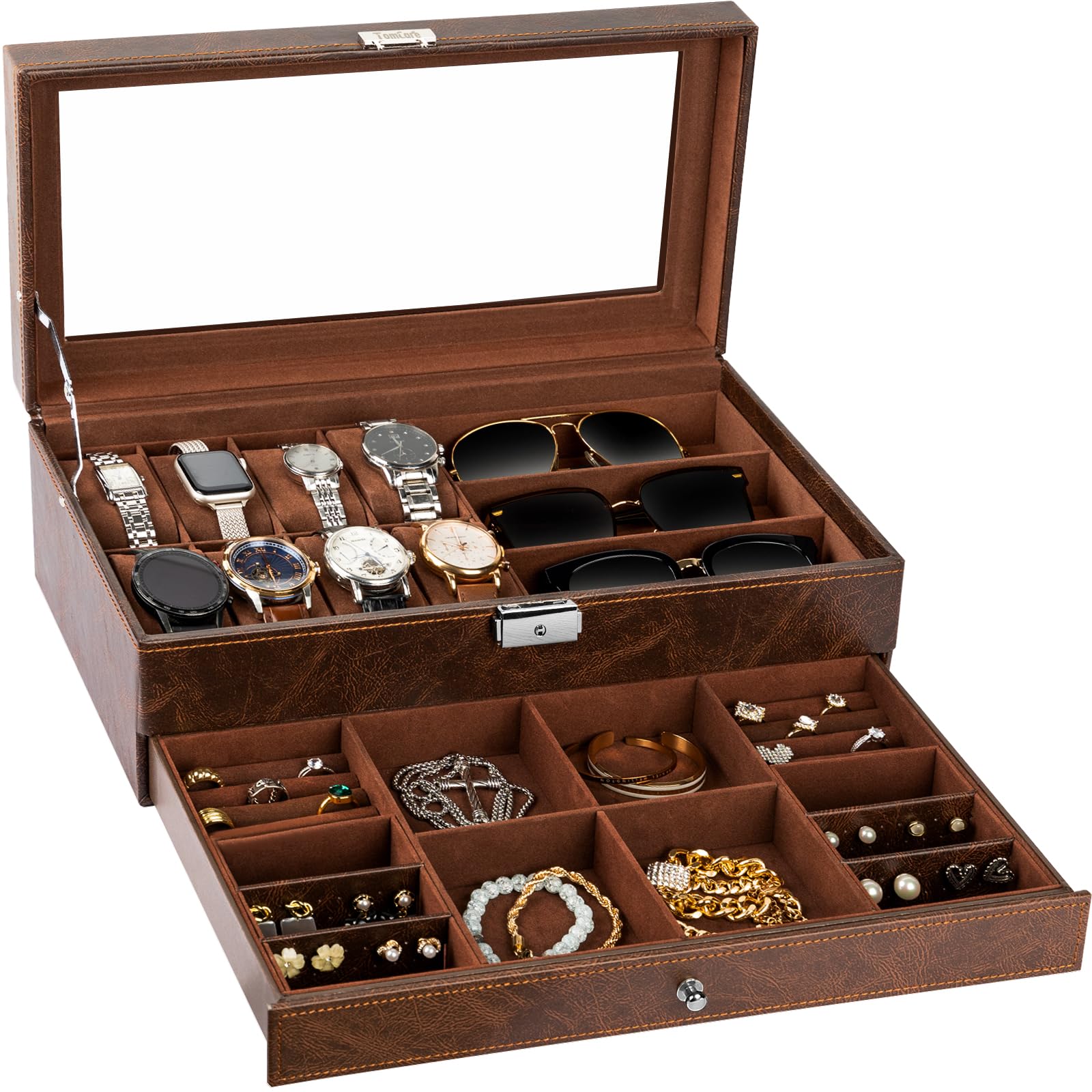 TomCare 2-Tier Watch Box with Lockable Glass Lid - Jewelry Organizer for Watches, Sunglasses, Rings, Necklaces & Bracelets - Premium Storage Case for Men & Women (Brown) - Perfect for Home Display, Travel & Gift Giving