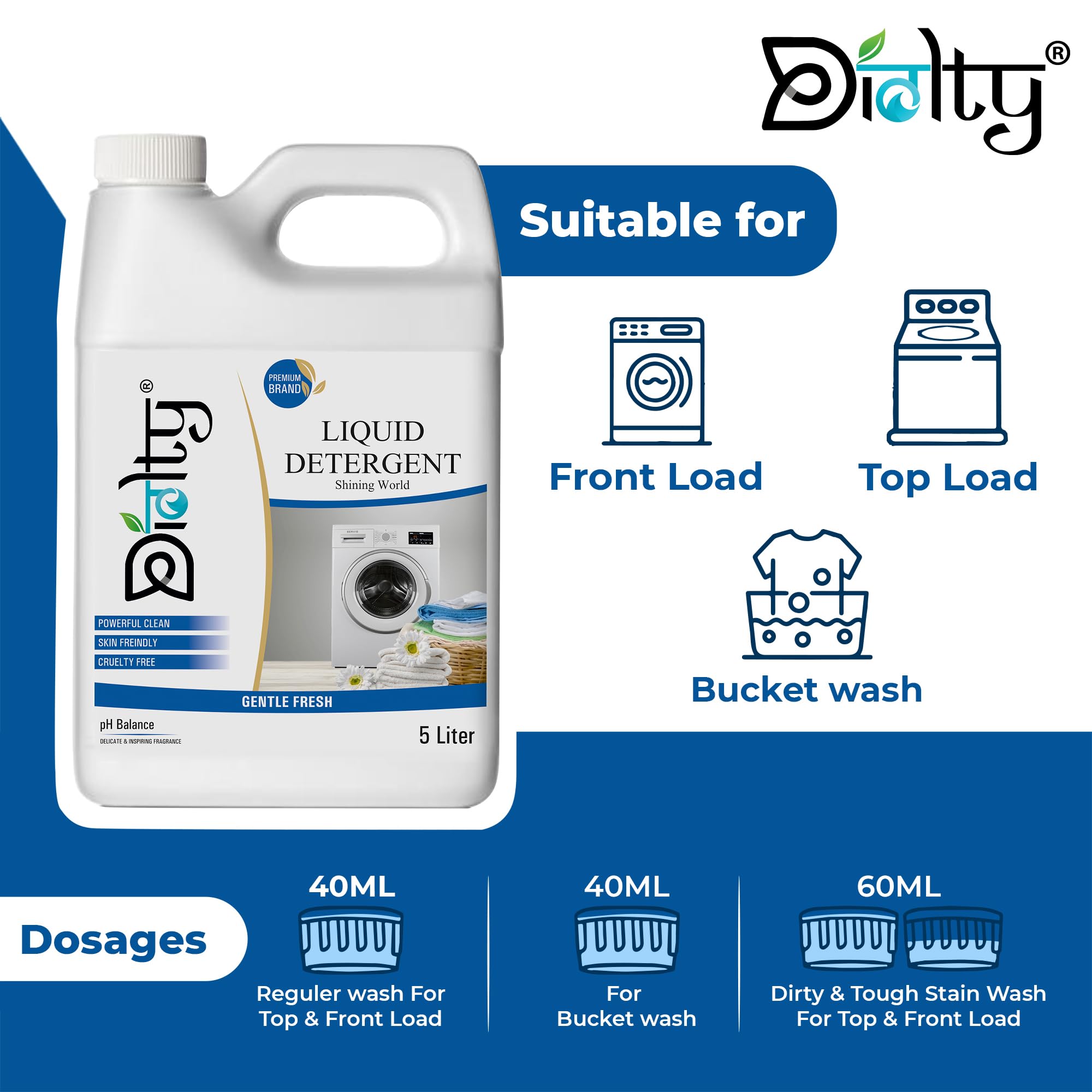 Diolty Liquid Laundry Detergent - 5L Eco-Friendly, Biodegradable & Non-Toxic for Top Load & Front Load Washing Machines | Fresh Scent | Perfect for Families, College Dorms & RV Travel