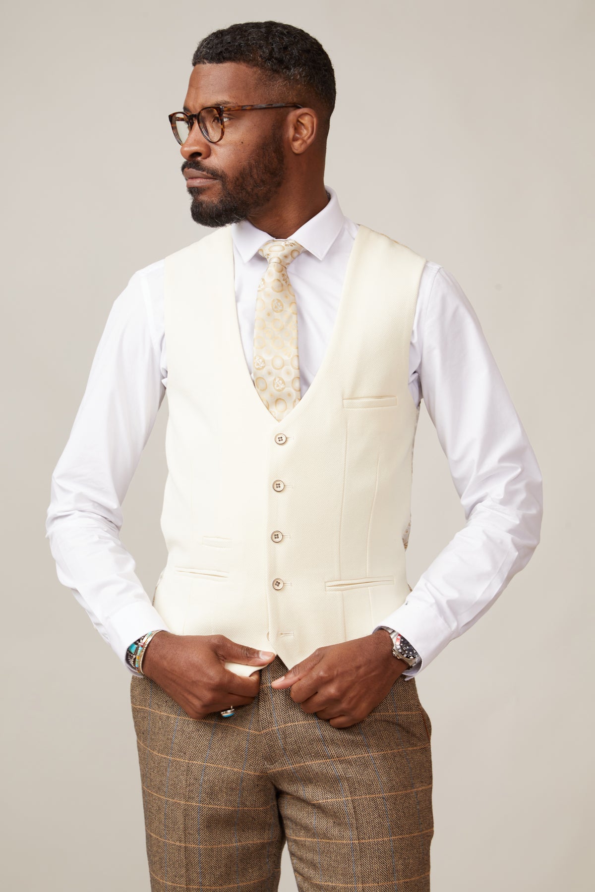 DX7 Tan Tweed Check Suit with Kelvin Cream Waistcoat - Classic 3-Piece Wedding & Business Formal Attire for Men