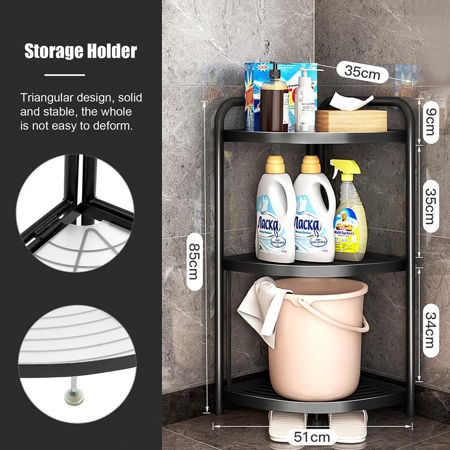3-Tier Metal Kitchen Shelf Organizer with PVC Pads - Space Saving Storage Rack for Corner