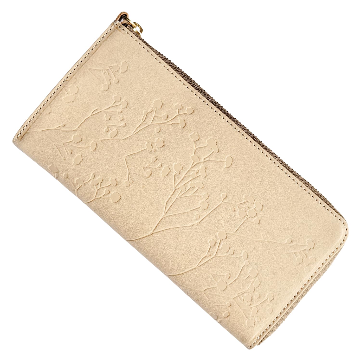 SHIROSHIKA SSA04 Genuine Tochigi Leather Women's Slim Bifold Wallet with L-Shaped Zipper - Elegant Floral Pattern in Pink & Beige | Made in Japan | Perfect for Everyday Use, Travel & Gift Giving