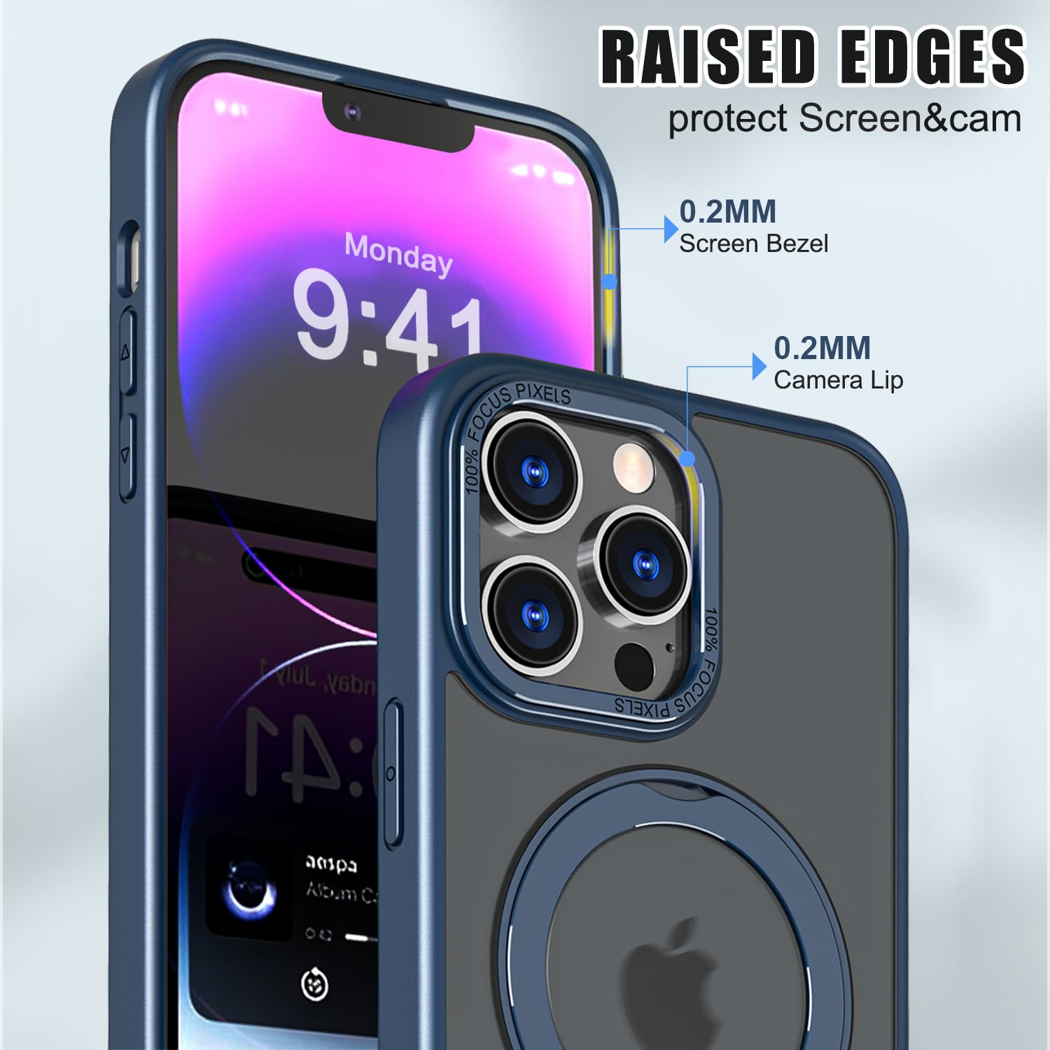 **Shockproof iPhone 13 Pro Max Case with MagSafe Compatibility, Built-in Stand & Rotating Ring Holder – MIL-Grade Dual Layer Protection, Matte Hard Back Cover – Perfect for Work, Travel & Daily Use (Blue)**