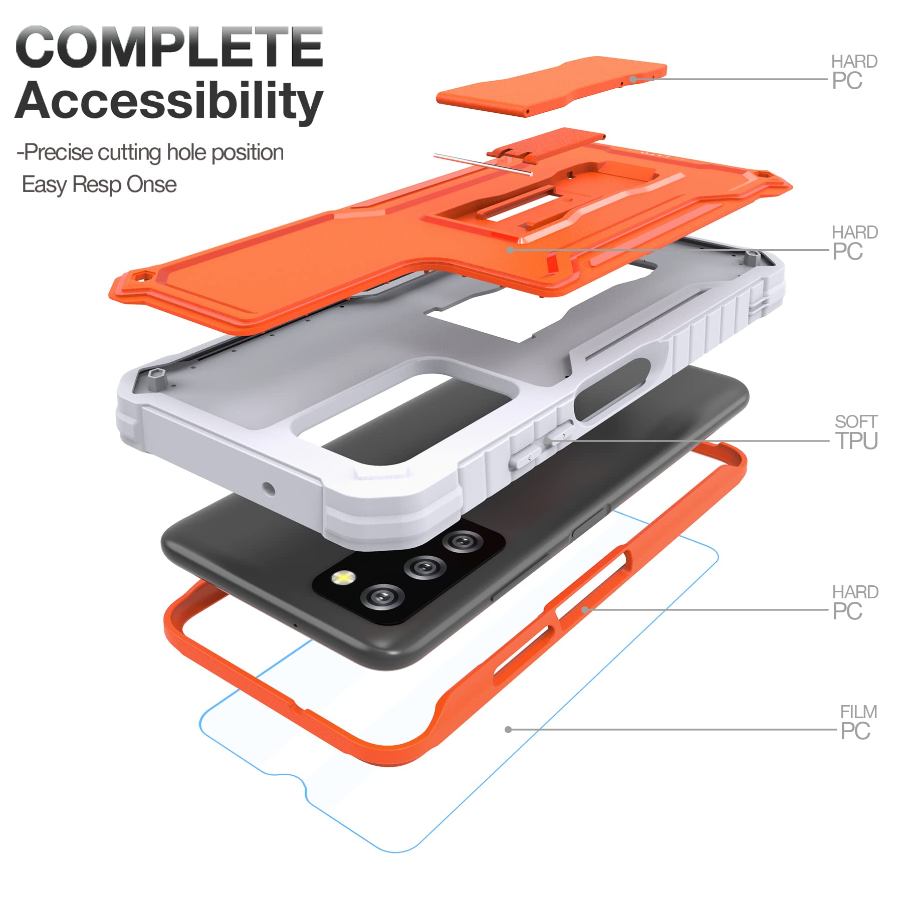 Shockproof Heavy Duty Case for Samsung Galaxy A03S 5G - Dual Layer Protective Cover with Built-in Kickstand & Tempered Glass Screen Protector | Perfect for Outdoor Activities, Work & Travel (Orange)