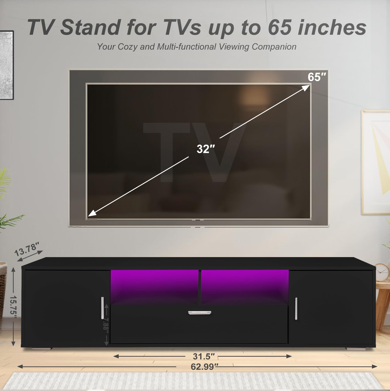 65 Inch LED TV Stand with Storage - Modern TV Console Table Entertainment Center for Living Room, Bedroom & Office - Black Gaming TV Cabinet with 5 Shelves & 3 Drawers - Perfect for Home Theater & Apartment Furniture