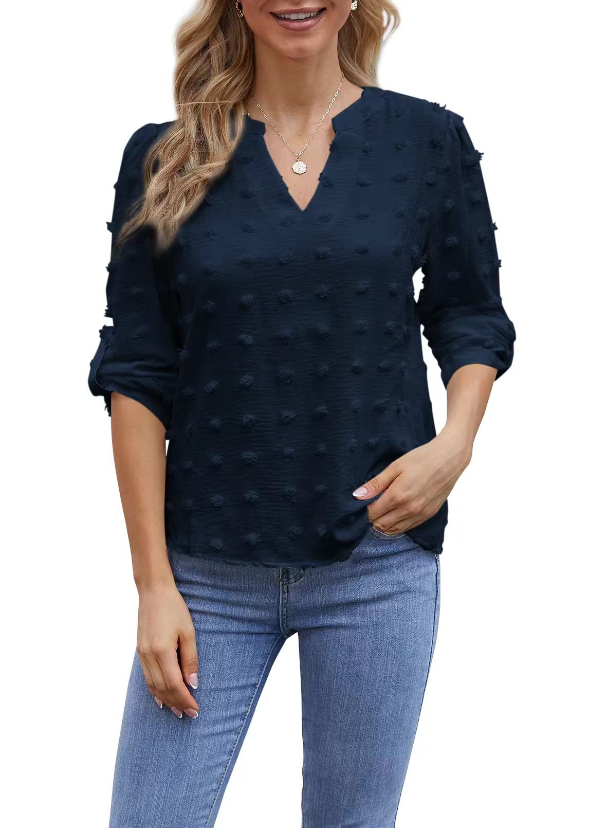 Pkabogbi Women's Casual V-Neck Long Sleeve Swiss Dot Blouse - Flowy Chiffon Top for Work, Date Night & Spring Outfits | Loose Fit Comfortable Shirt