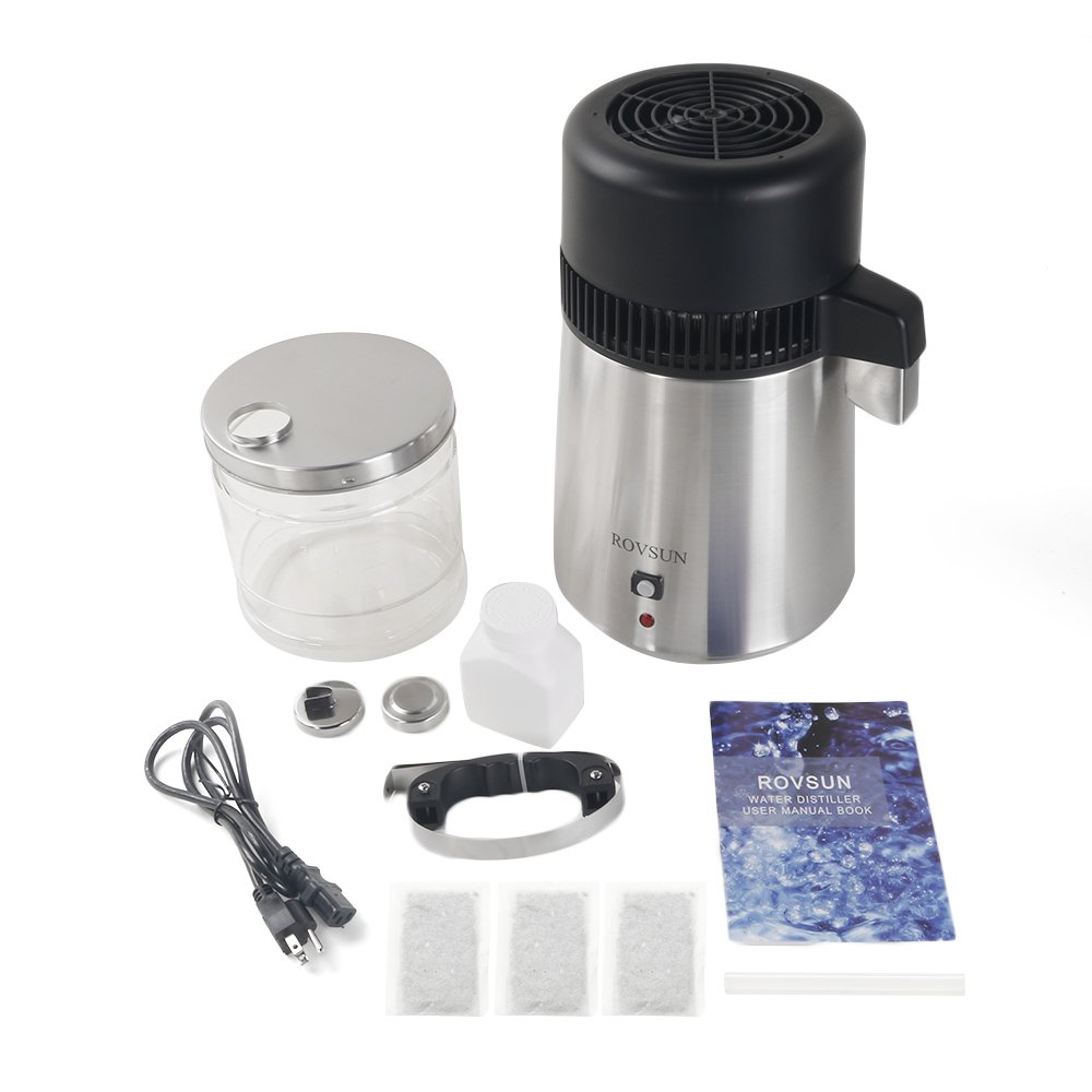ROVSUN Upgraded 4L/1.1 Gallon Countertop Water Distiller - 750W Stainless Steel Home Distilled Water Maker with Glass Container (1L/H, Silver) | Perfect for Purifying Drinking Water, Baby Formula, Coffee & Humidifiers