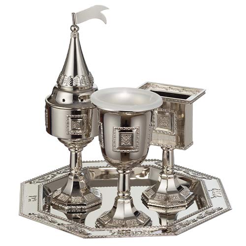 Nickel Havdalah Set with Kiddush Cup, Candle Holder, Spice Box & Tray - Complete Jewish Shabbat Ceremony Kit for Home Blessings