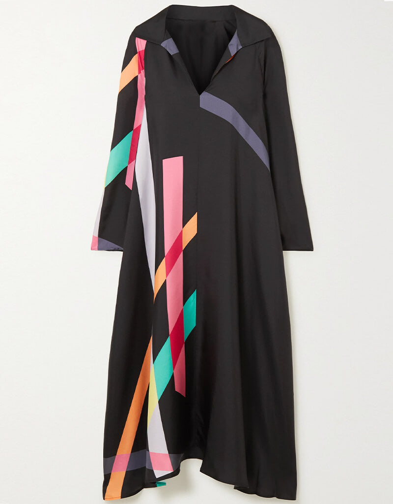 Elegant Black Soft Silk Crepe Kaftan Dress for Women - Perfect for Beach Cover-Up, Evening Wear & Boho Chic Outfits