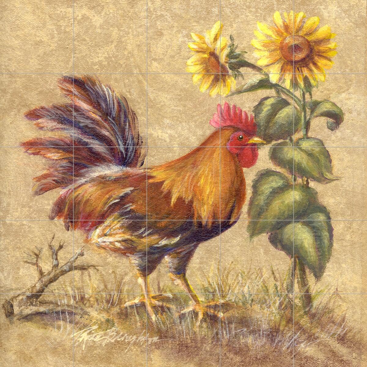 Hand-Painted Ceramic Backsplash Tile Mural - Rooster & Sunflowers Kitchen Decor - Rita Broughton Art - Perfect for Farmhouse Kitchen & Bathroom Renovation