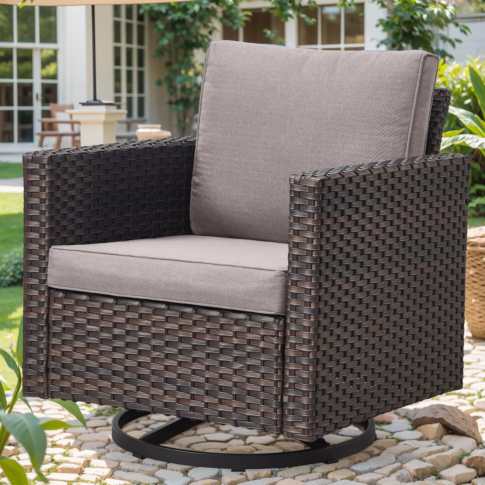 Outdoor Patio Swivel Rocking Chair - Waterproof Wicker, Comfortable Cushions & Sturdy Metal Frame - Single Porch Deck Backyard Rocker (Brown/Grey) - Perfect for Relaxing in Garden, Poolside or Balcony