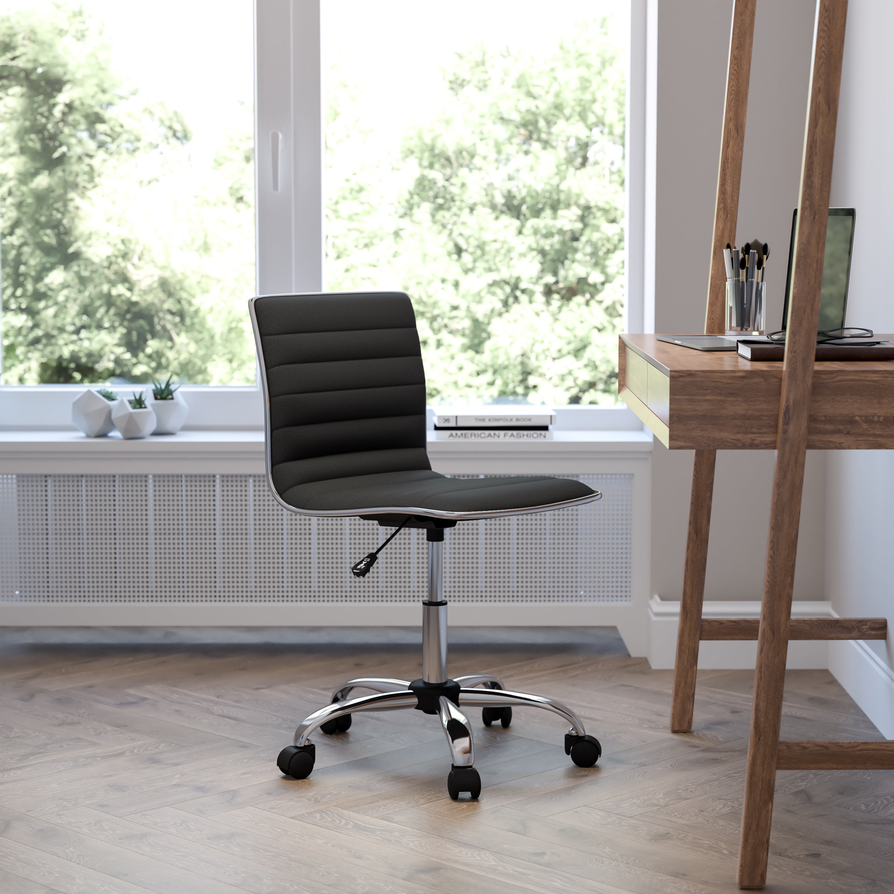 FLASH Alan Low Back Designer Armless Black Ribbed Swivel Task Office Chair - Ergonomic Desk Chair for Home Office, Gaming & Study - Modern Minimalist Workspace Furniture