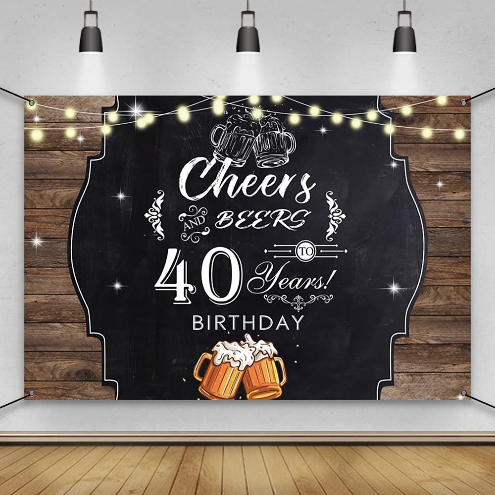 Happy 40th Birthday Banner - 6x3.6ft Polyester Cheers & Beers Wooden Sign for Men's Birthday Party Decorations & Backdrop - Perfect for Indoor/Outdoor Celebrations, Photo Booths & Milestone Events